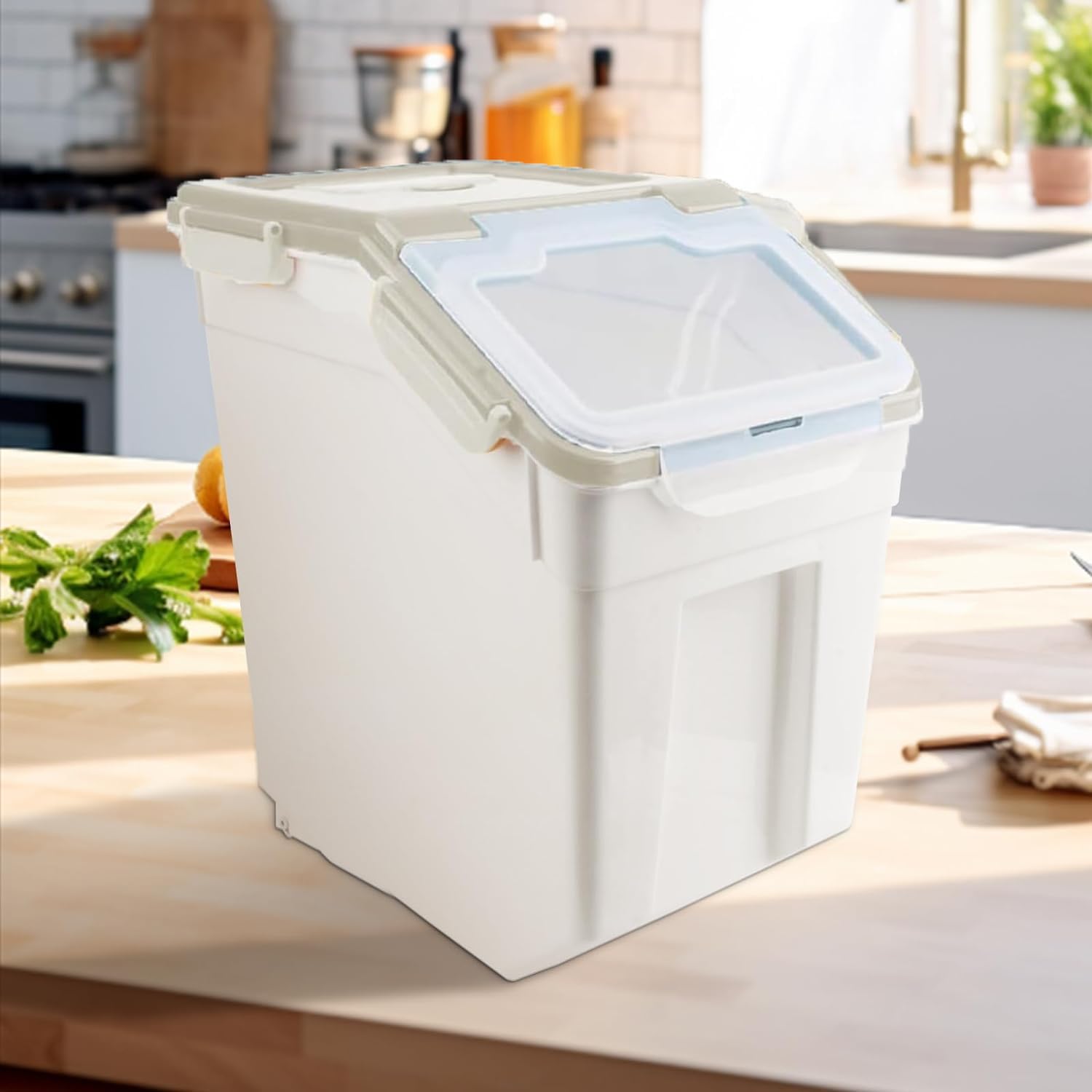50LB Airtight Flour Storage Container with Wheels - 2 Pack Plastic Food Bin with Seal Locking Lid, Measuring Cup & Scoop - Ideal for Flour, Rice, Grain Storage (100LBS Total Capacity, Grey) - Perfect for Kitchen Pantry Organization & Bulk Food Storage