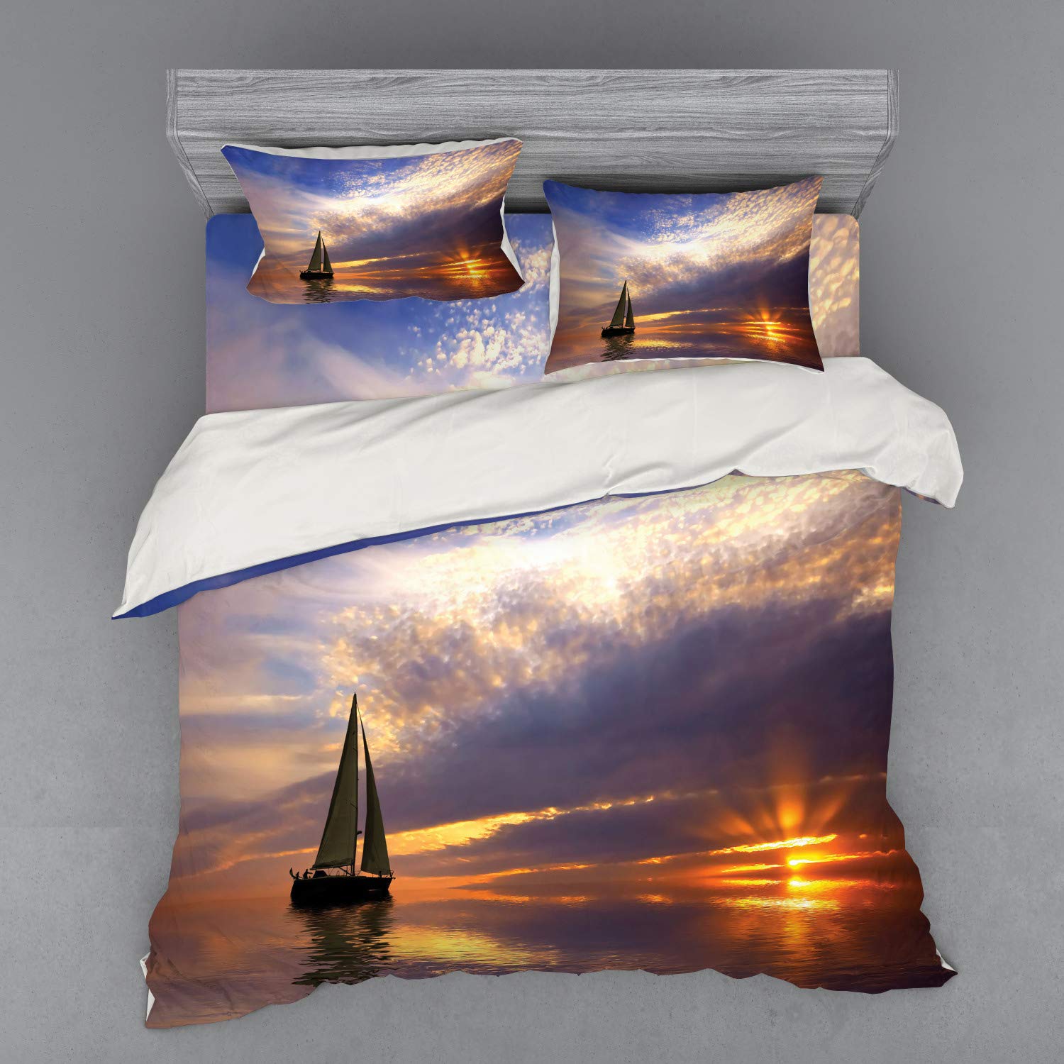 Ambesonne Sailboat King Size 4-Piece Duvet Cover Set with Shams & Fitted Sheet - Sunset Ocean Horizon Design in Marigold Blue-Grey - Romantic Nautical Bedding for Honeymoon, Beach House, or Coastal Themed Bedroom Decor