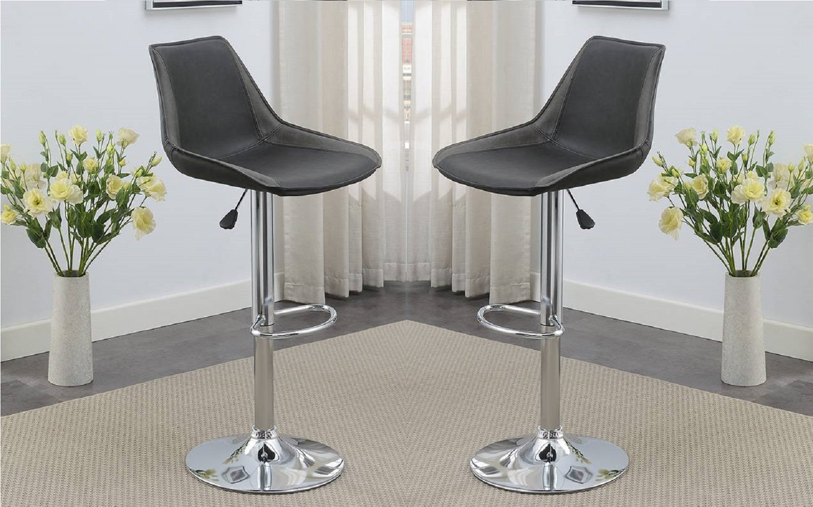 Modern Adjustable Bar Stool Set of 2 - Ebony PU Leather Seat with Chrome Base, Counter Height Kitchen & Dining Stools for Home Bar, Breakfast Nook, and Restaurant Use