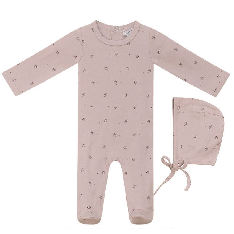 **Delicate Baby Pink Cotton Floral Stretchie & Bonnet Set – Soft Newborn Headband & Hat for Photography, Baptism, and Special Occasions**