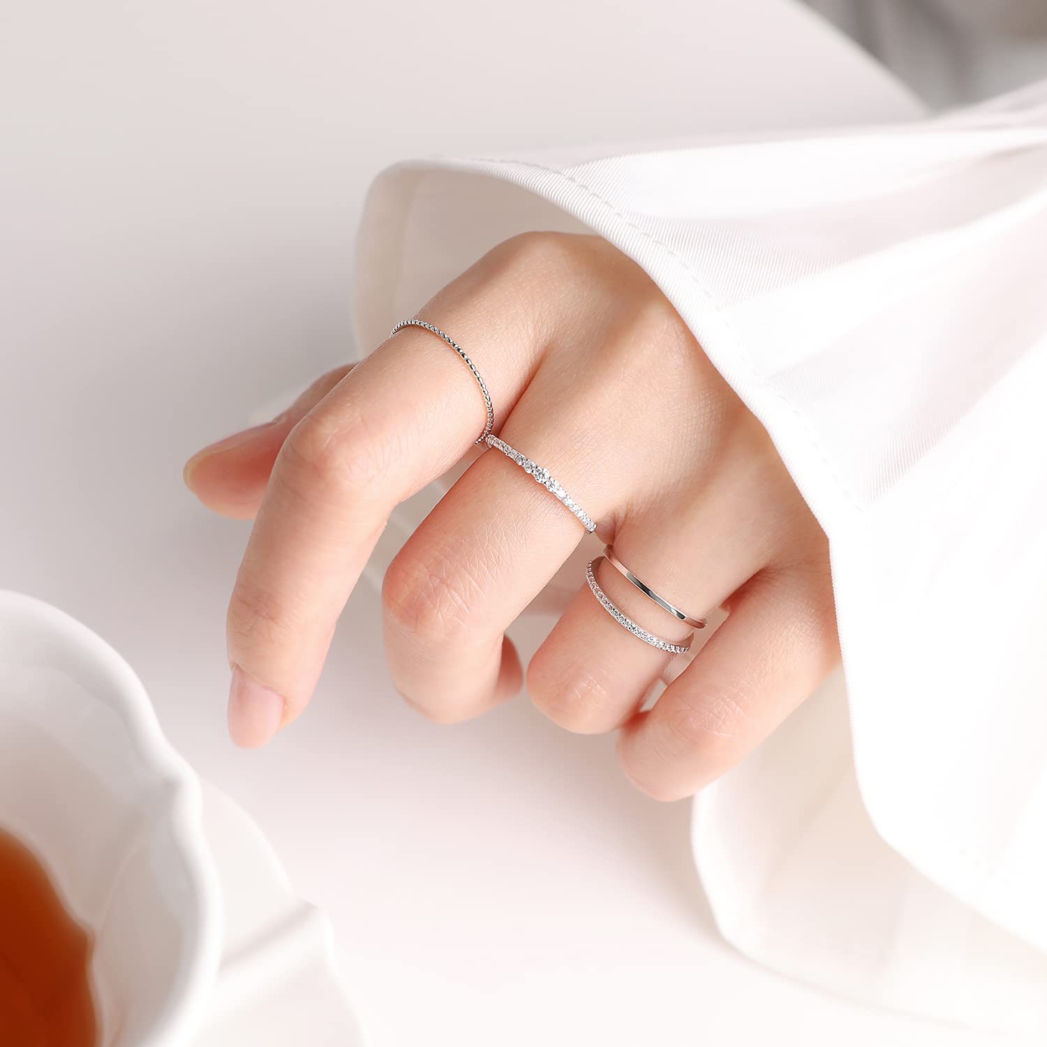 4-Piece Stackable Silver & Gold Rings Set for Women - Ultra Thin Minimalist Dainty Stacking Rings with Delicate Diamond Accents (Gold, Size 7.5) | Perfect for Layering, Everyday Wear & Special Occasions