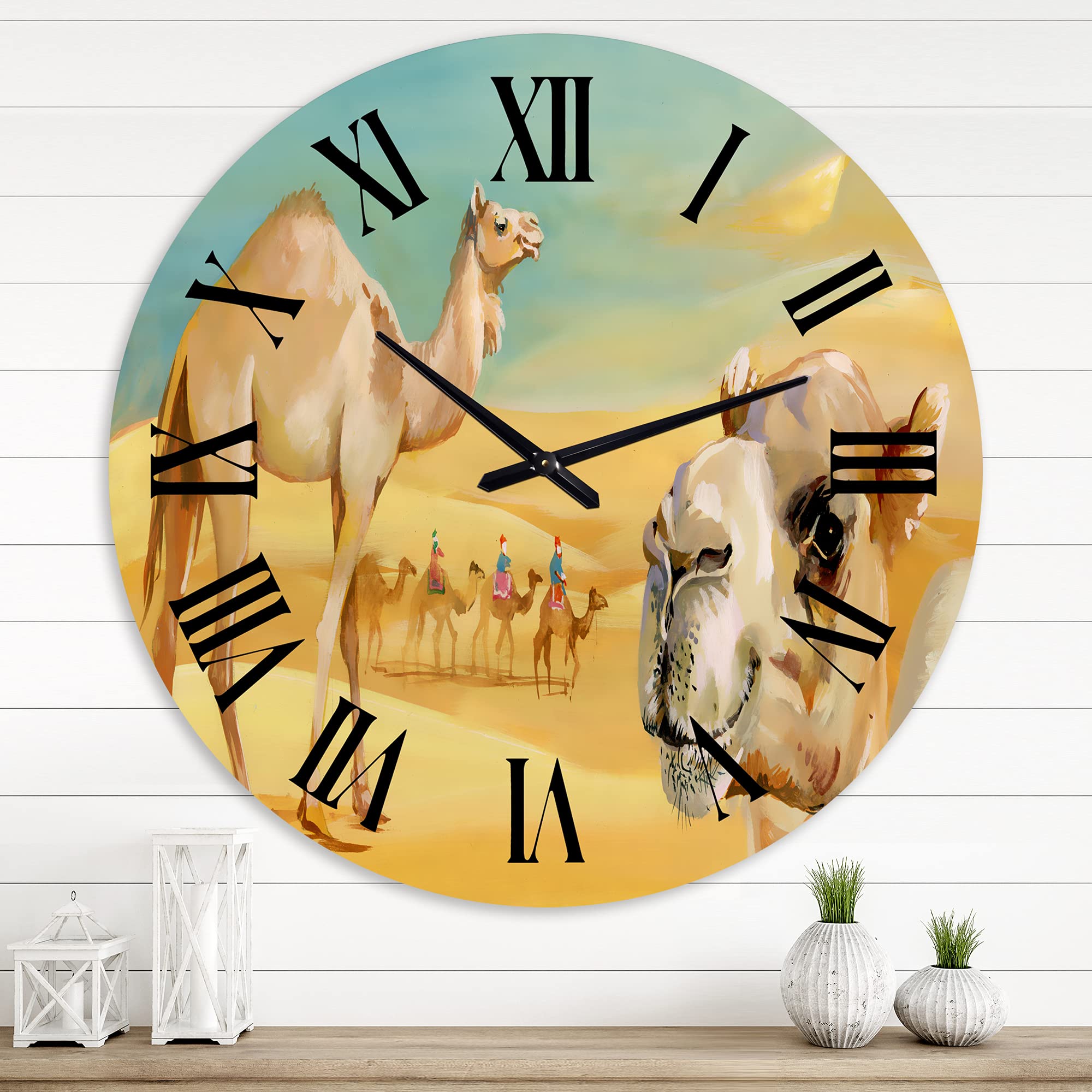 DesignQ Farmhouse Wall Clock 'Camels in The Desert' - Large Animal Wall Art for Bedroom, Living Room, and Office Decor