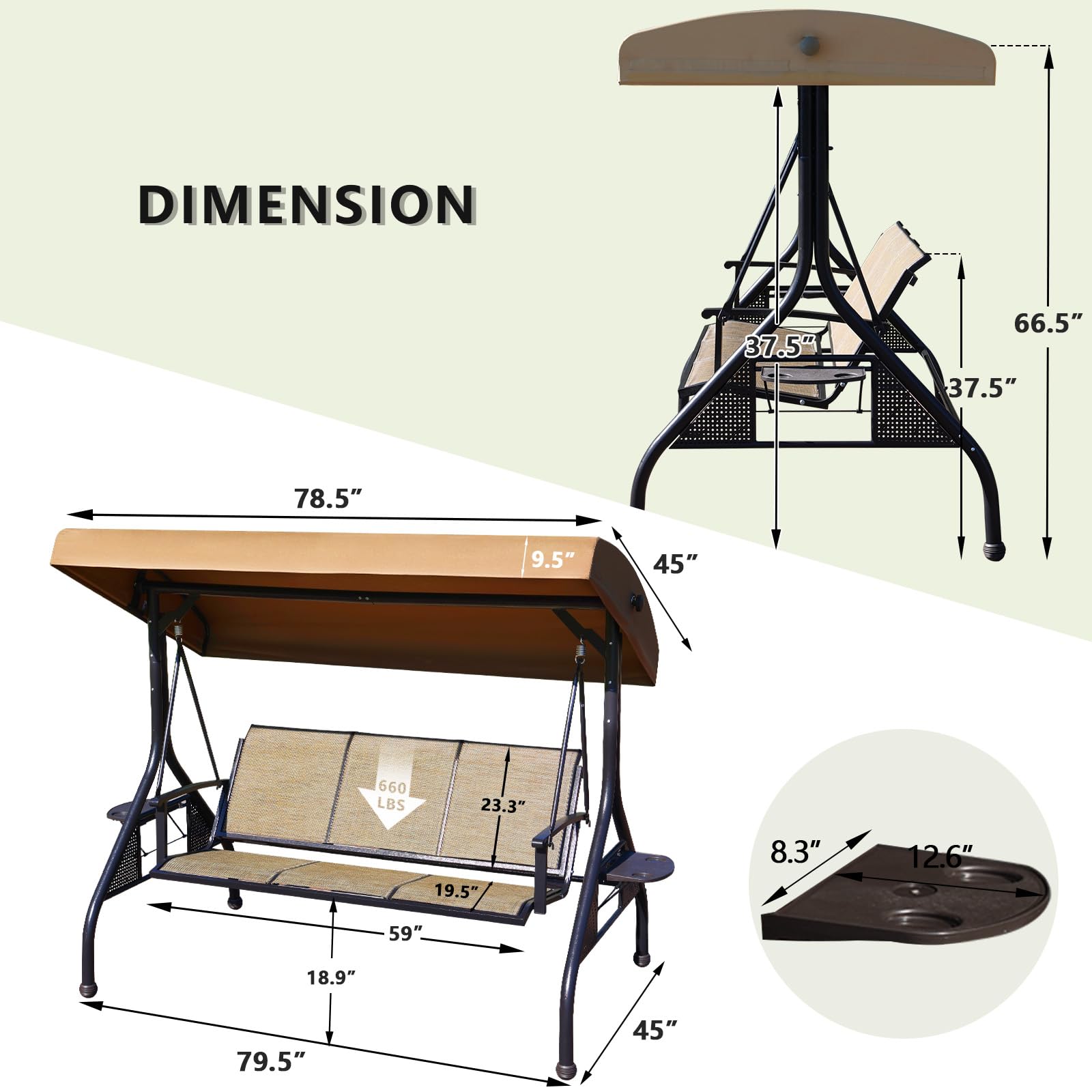 NOBLEMOOD 3-Seater Outdoor Patio Swing with Adjustable Canopy & Stand - Waterproof Textilene Hanging Chair with Cup Holders for Backyard, Garden, Porch - Perfect for Relaxing, Lounging & Outdoor Entertaining