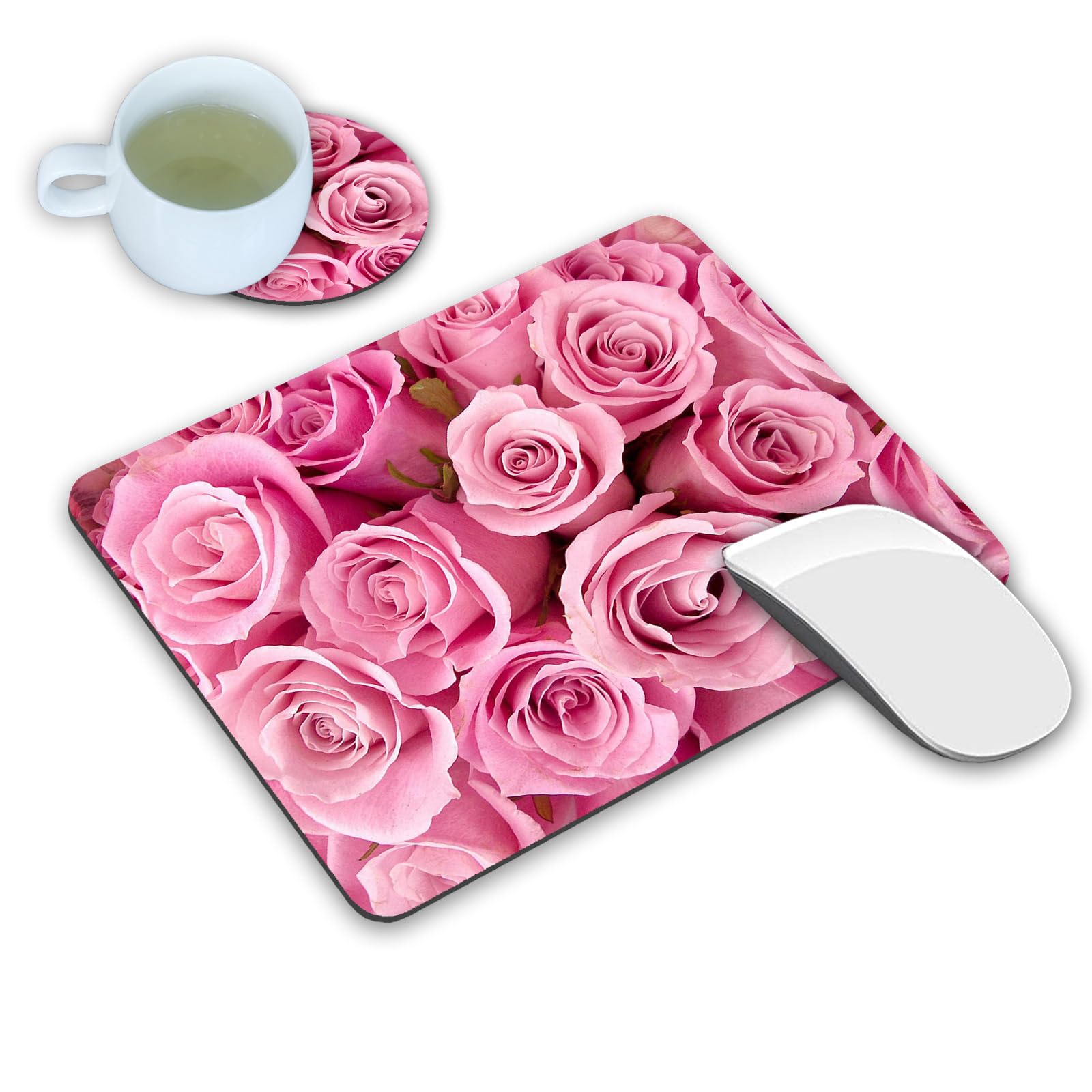 Pink Roses Mouse Pad and Coasters Set - Non-Slip Rubber Base Rectangle Mouse Pad for Laptop, Computer & Office Accessories | Perfect for Home, Office & Gaming Setup