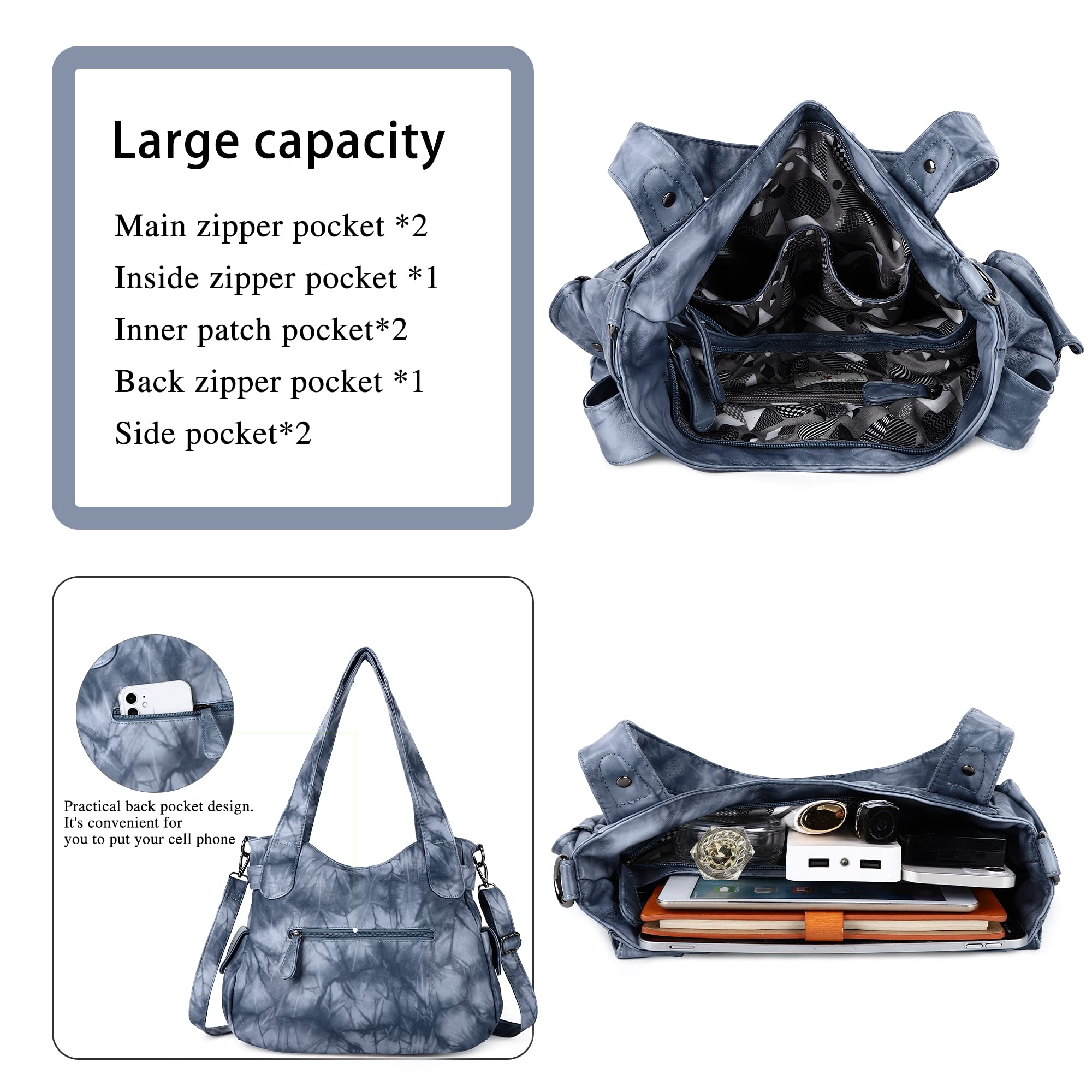 Women's Fashion Washed Leather Tote Shoulder Bag - Stylish Top Handle Satchel Hobo Purse for Work, Travel & Everyday Use