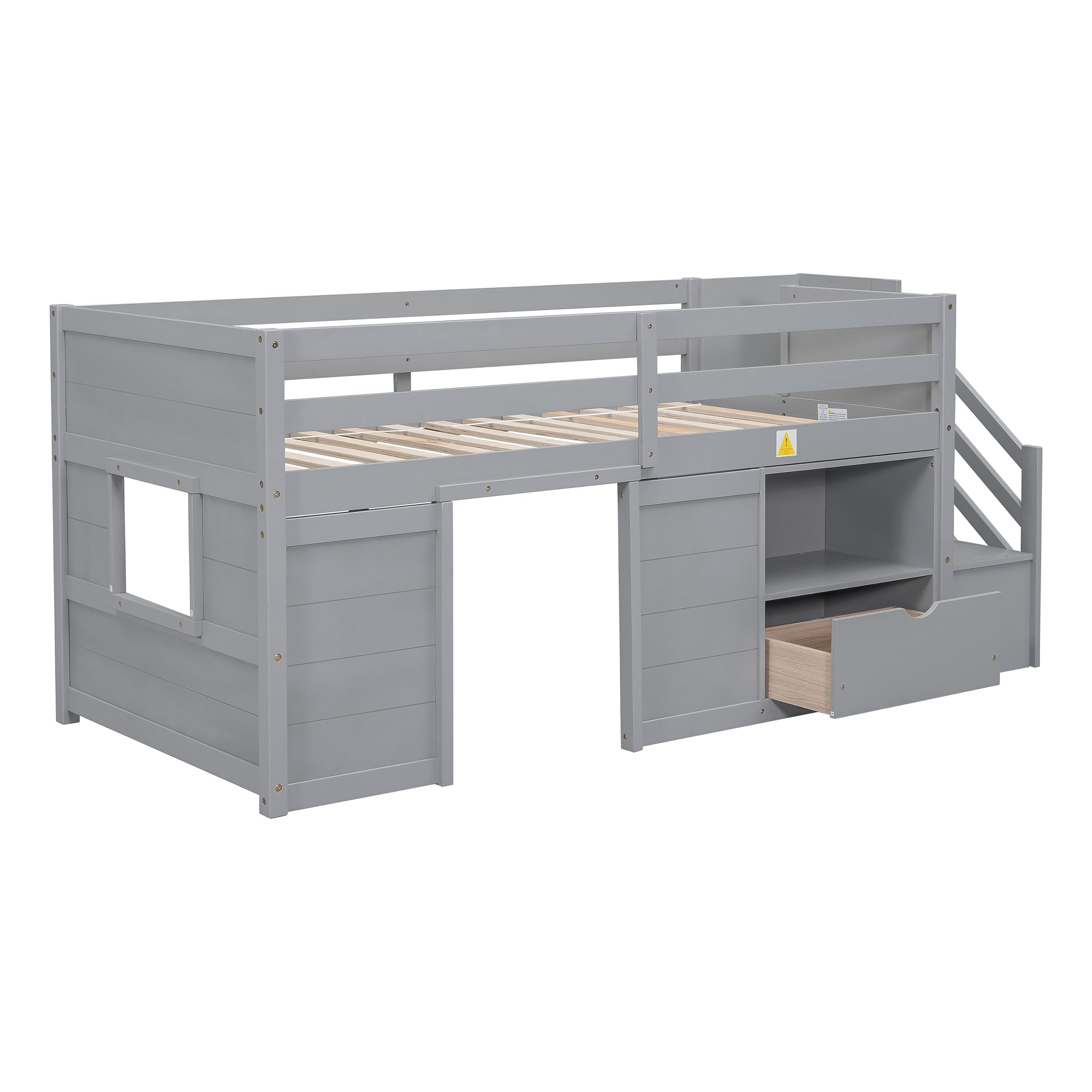 Bellemave Twin Size Low Loft Bed for Kids - Wooden Loft Beds with Storage, Modern Farmhouse Style, No Box Spring Needed - Perfect for Small Bedrooms, Dorm Rooms & Kids' Rooms (Gray)