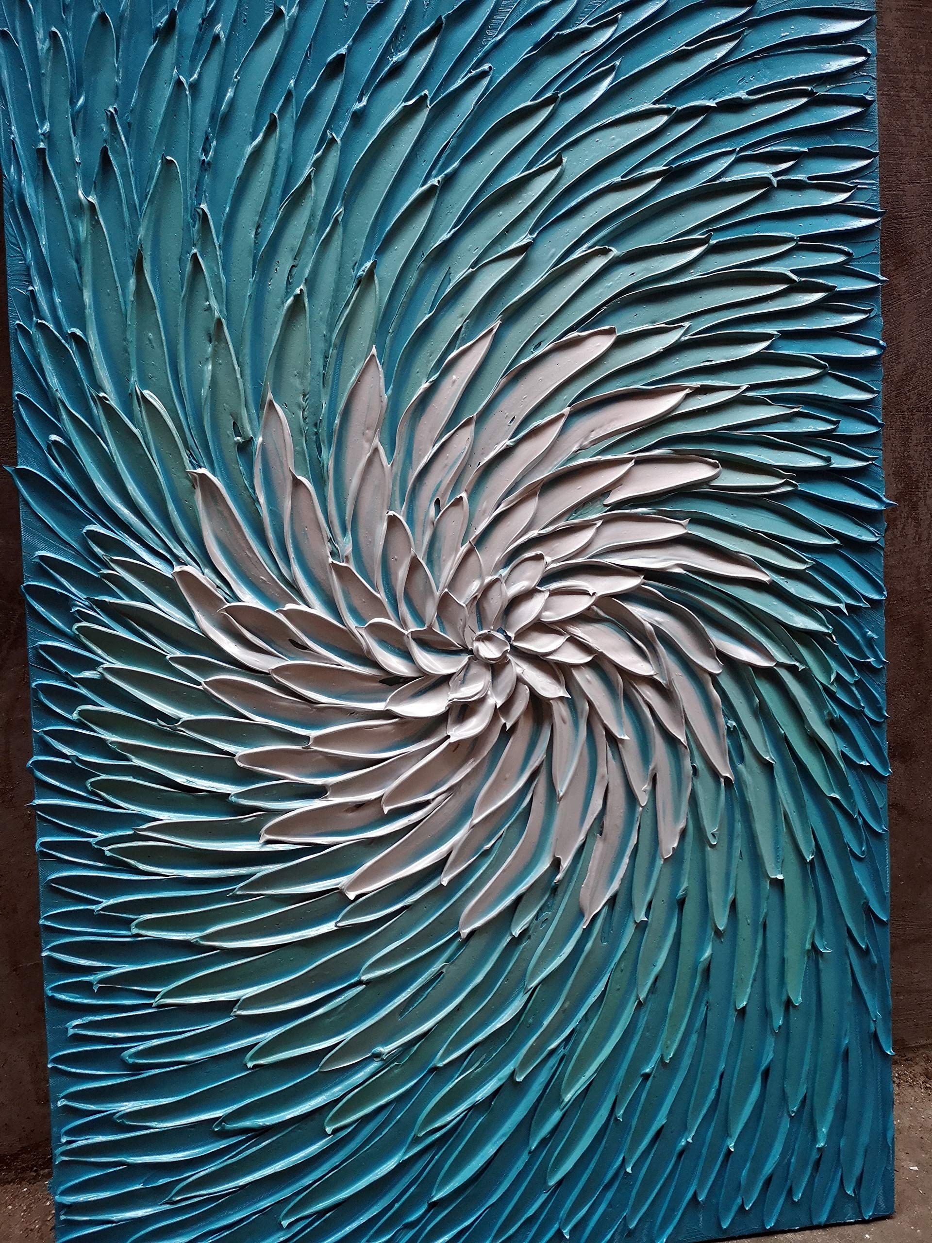 YaSheng Art - Modern 3D Metallic Blue & Silver Abstract Oil Painting on Canvas | Contemporary Wall Art Decor | Ready to Hang 24x36 Inch | Perfect for Living Room, Bedroom & Office Decor