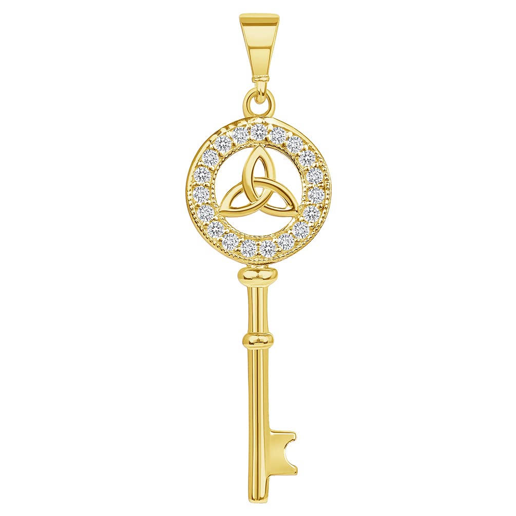 14K Yellow Gold Cubic Zirconia Trinity Triquetra Knot Celtic Key Pendant Necklace - Elegant Celtic Jewelry for Women, Gift for Anniversary, Birthday & Special Occasions