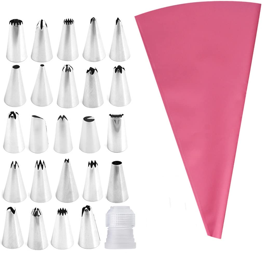 26Pcs Cake Decorating Tools Set - Stainless Steel Icing Tips, EVA Storage Bag & Multi-color Nozzles for Baking, Cookies & Pastry Decorations | Perfect for Home Bakers & Professional Chefs (Pink)