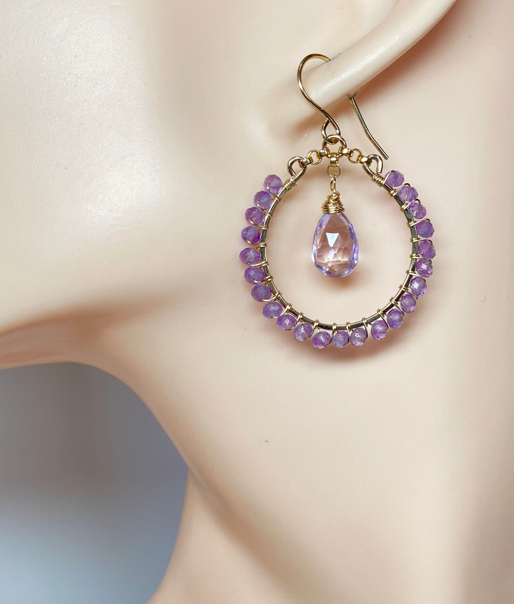 Lavender Pink Amethyst Chandelier Hoop Earrings - Gold Filled Dangle Earrings for Women, Elegant Boho Jewelry Gift for Party, Wedding & Special Occasions