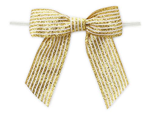 24-Pack 3 Inch Metallic Gold Pre-Tied Striped Grosgrain Ribbon Bows for Gift Wrapping, Cello Bag Decoration, Party Favors & Wedding Packaging - Perfect for Christmas, Birthdays and Special Occasions