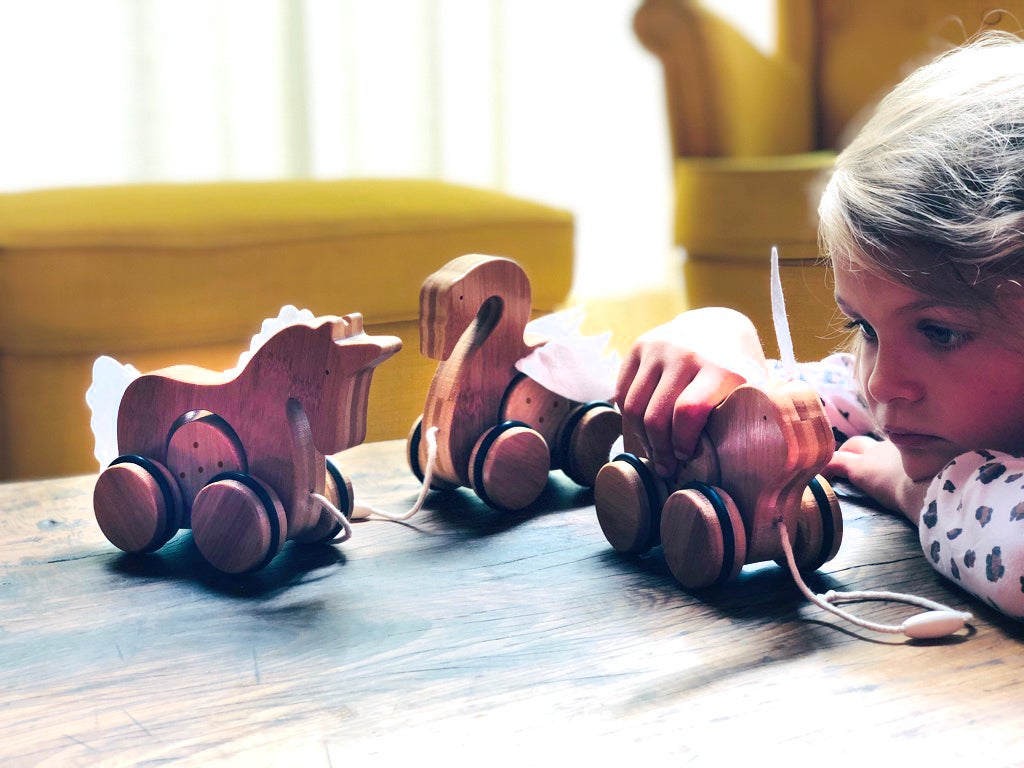 Kinderfeets Bamboo Push & Pull Animal Toys for Toddlers - Eco-Friendly Wooden Learning Toys for Kids - Perfect for Indoor & Outdoor Play, Early Childhood Development