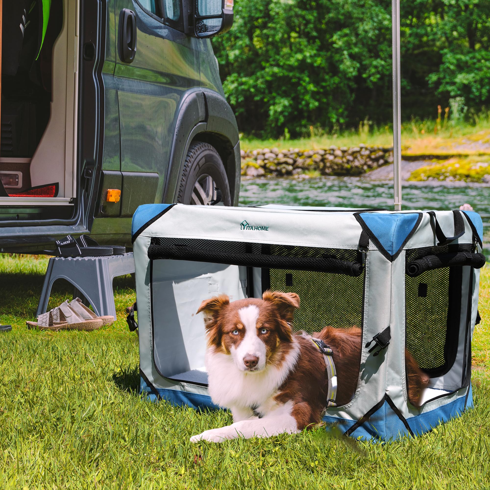 YITAHOME 4-Door Collapsible Dog Crate - Portable Travel Pet Kennel with Breathable Mesh Windows & Soft Mat - Foldable Soft Dog Cage for Indoor & Outdoor Use (36
