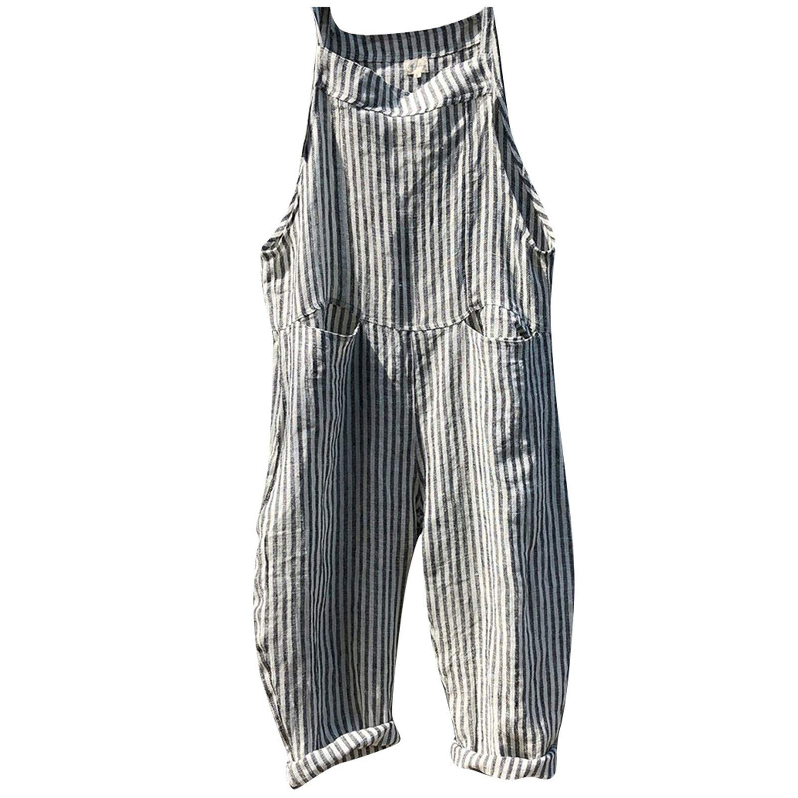 Women's Casual Sleeveless Striped Jumpsuit Overalls with Pockets - Summer Denim Shorts Romper for Outdoor Activities, Beach Vacation & Street Fashion