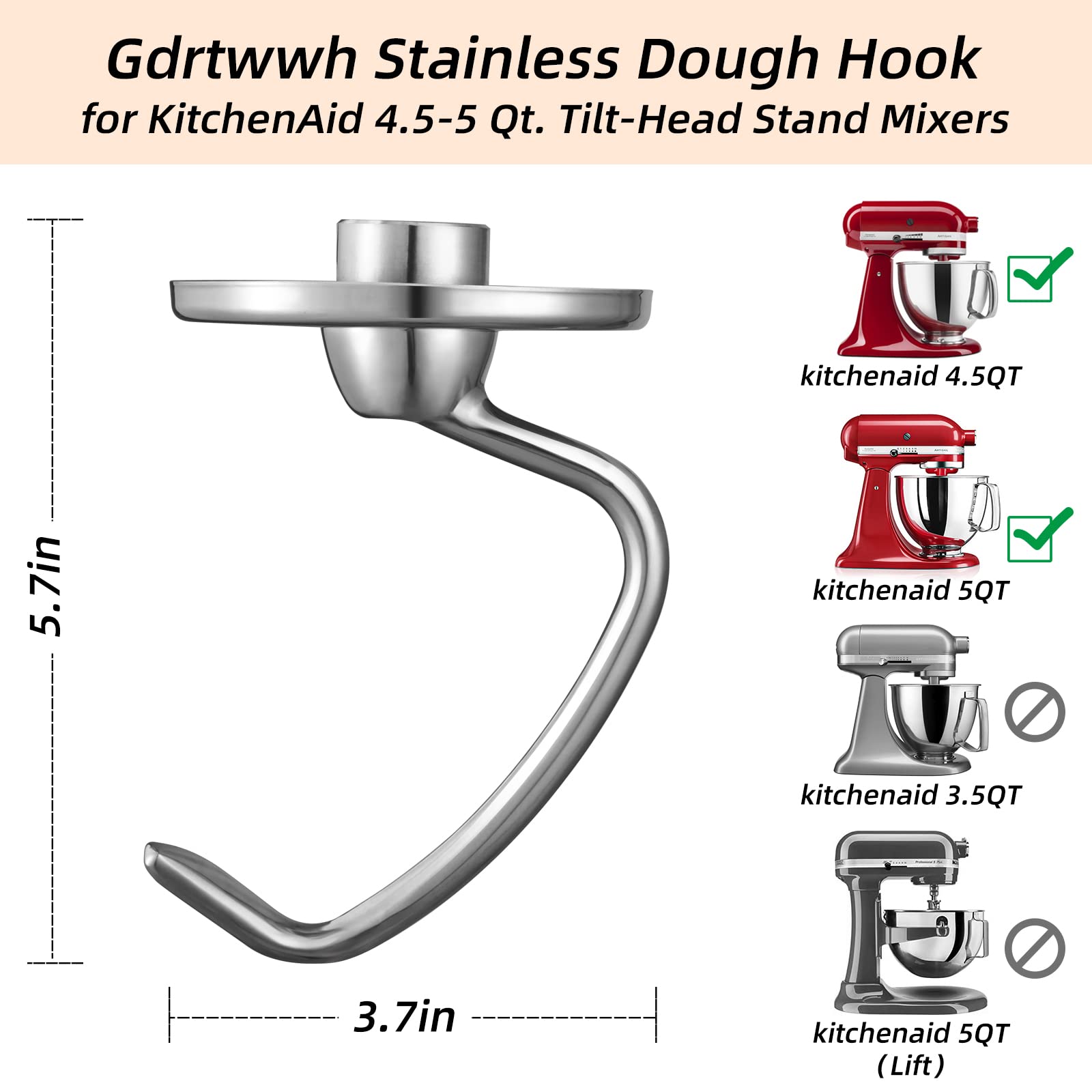Stainless Steel Dough Hook Attachment for KitchenAid 4.5-5 Quart Tilt-Head Stand Mixer | Replacement Bread Hook for K45DH | Dishwasher Safe | Perfect for Baking Bread, Cookies & Pastries