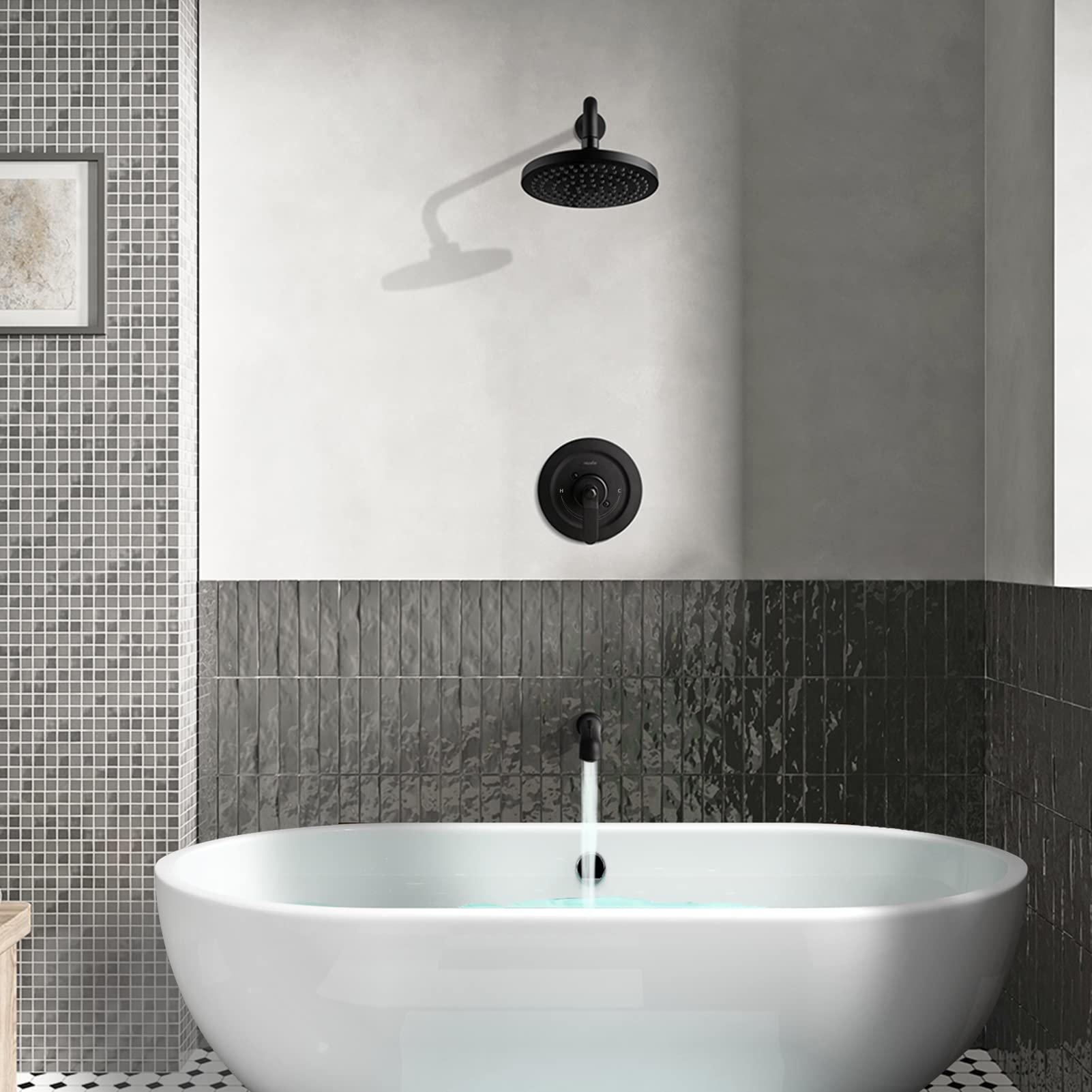NEWATER Black Dual Function Shower Faucet Set with Tub Spout - Complete Shower Trim Kit (Includes Valve, 8 Inch Rainfall Shower Head) - Wall Mounted Mixer Shower System for Bathroom & Tub - Perfect for Modern Home Renovation & Spa-Like Shower Experience