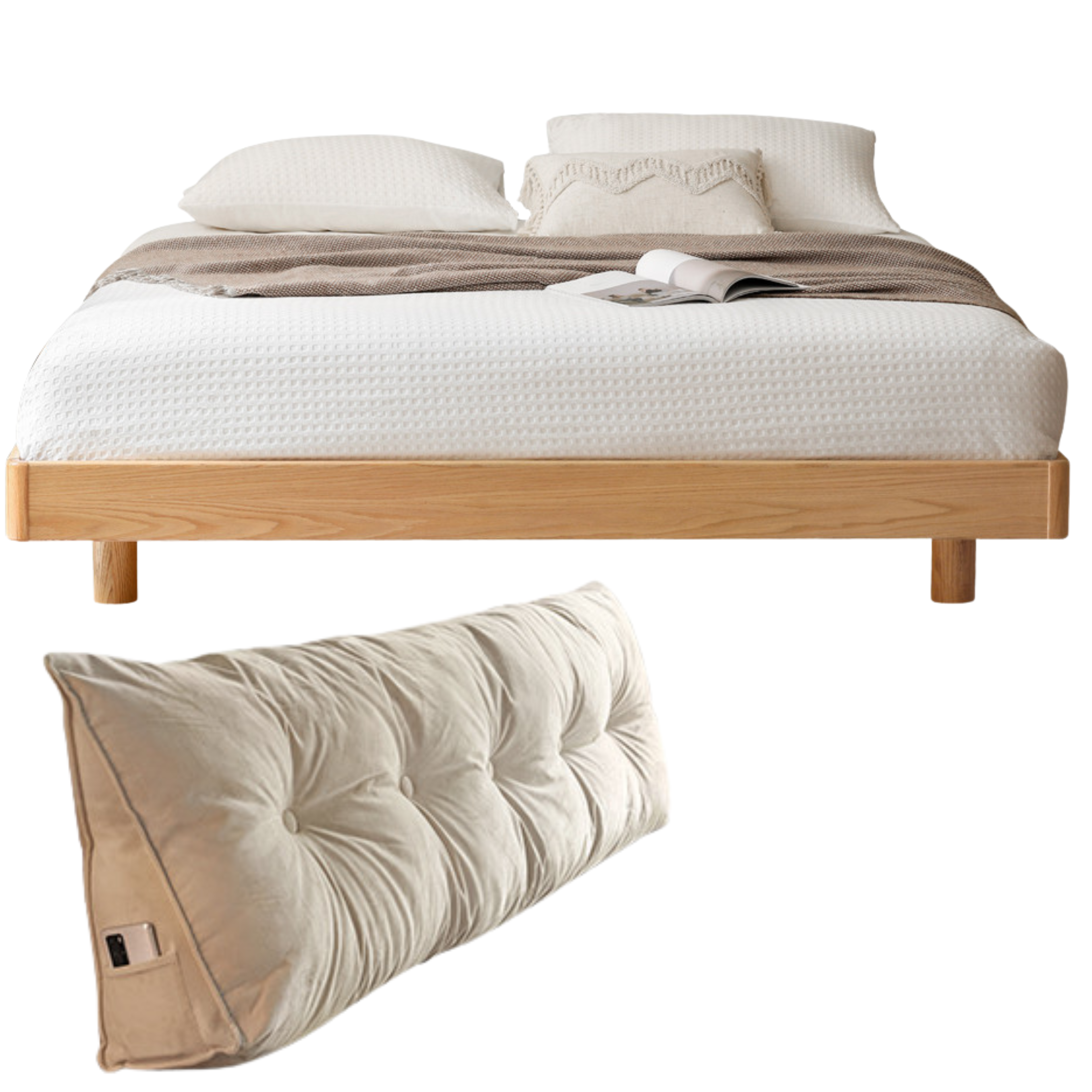 out of stock Natural Wood Color Oak Old Platform Bed + soft backrest