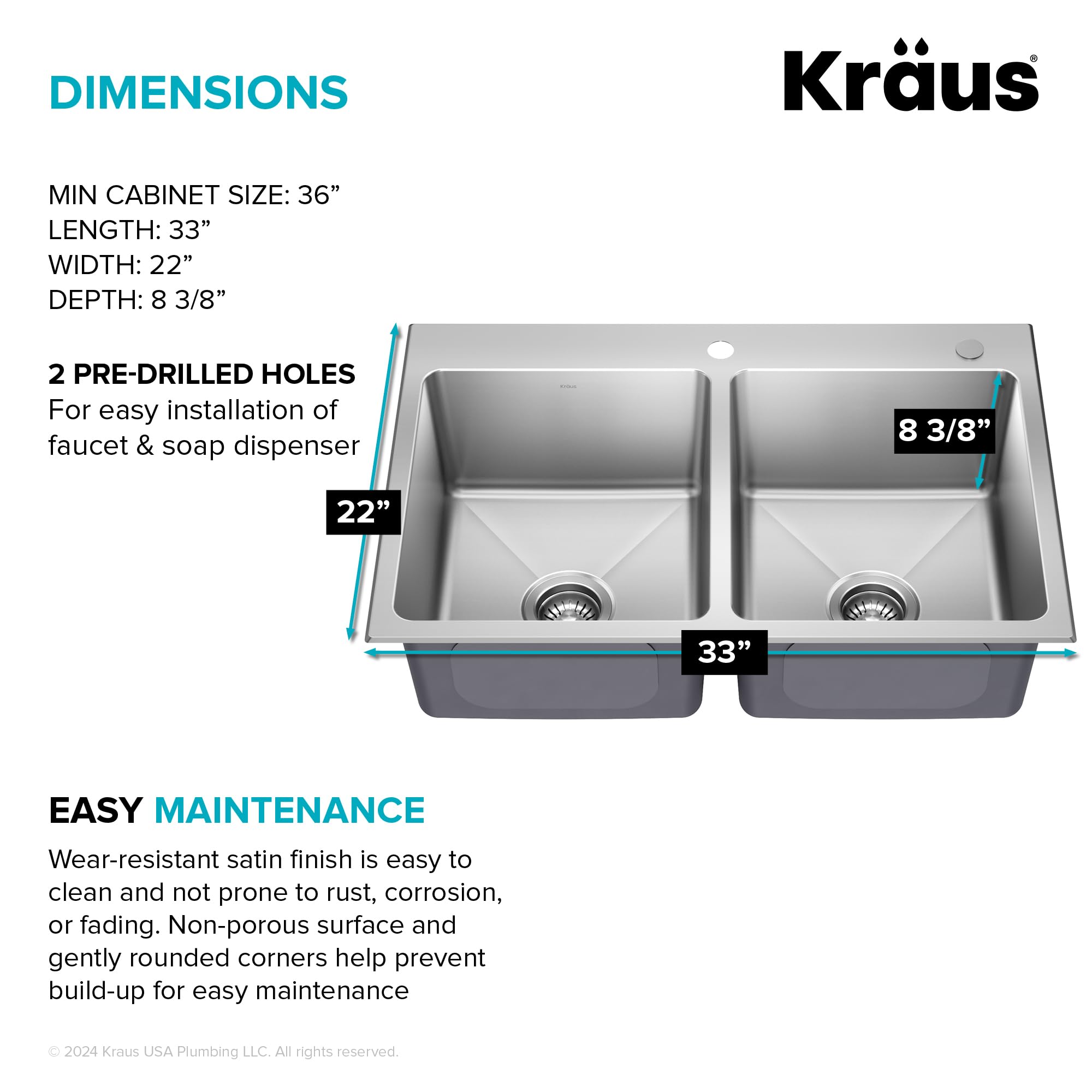 KRAUS Fairlane 33-inch Drop In/Top Mount Double Bowl 18-Gauge Stainless Steel Kitchen Sink KHT632-33 - Perfect for Modern Kitchens & Heavy-Duty Cooking