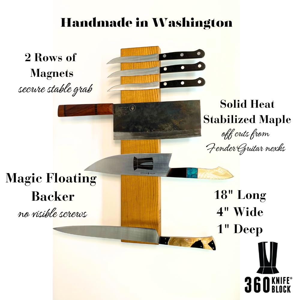 360Knife Block BAR - 4”x18” Guitar-Shaped Wooden Wall Mount Magnetic Knife Holder - Vertical Hanging Knife Storage with Dual Magnet Rows, Solid Wood Construction, Handcrafted in Washington - Perfect for Kitchen Organization & Guitar-Themed Decor