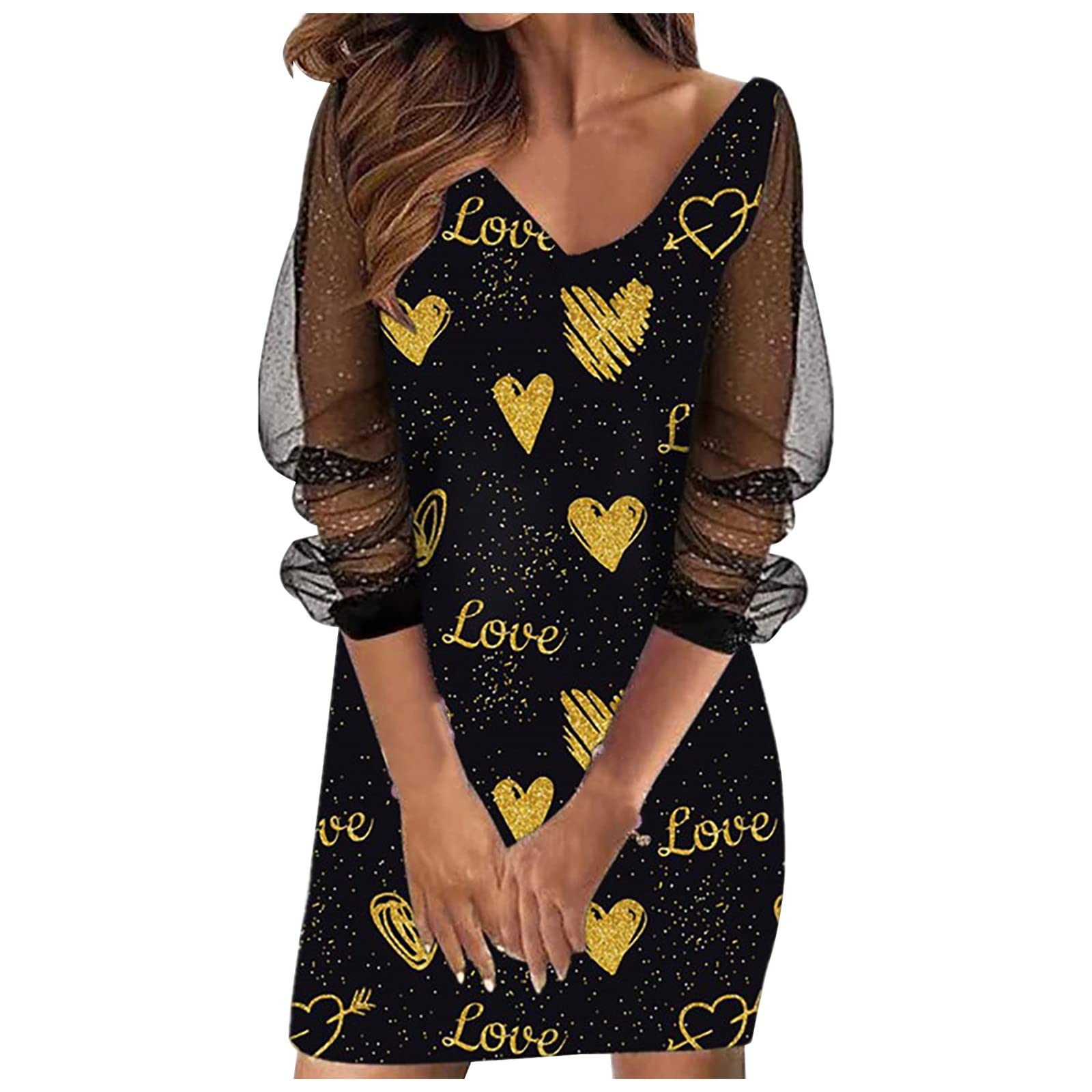 Women's Summer Work Dresses - V-Neck Long Sleeve Printed Tulle Lace Dress for Office, Party & Casual Wear | Breathable Fashion Dress for Work, Cocktail Events & Daily Outfits