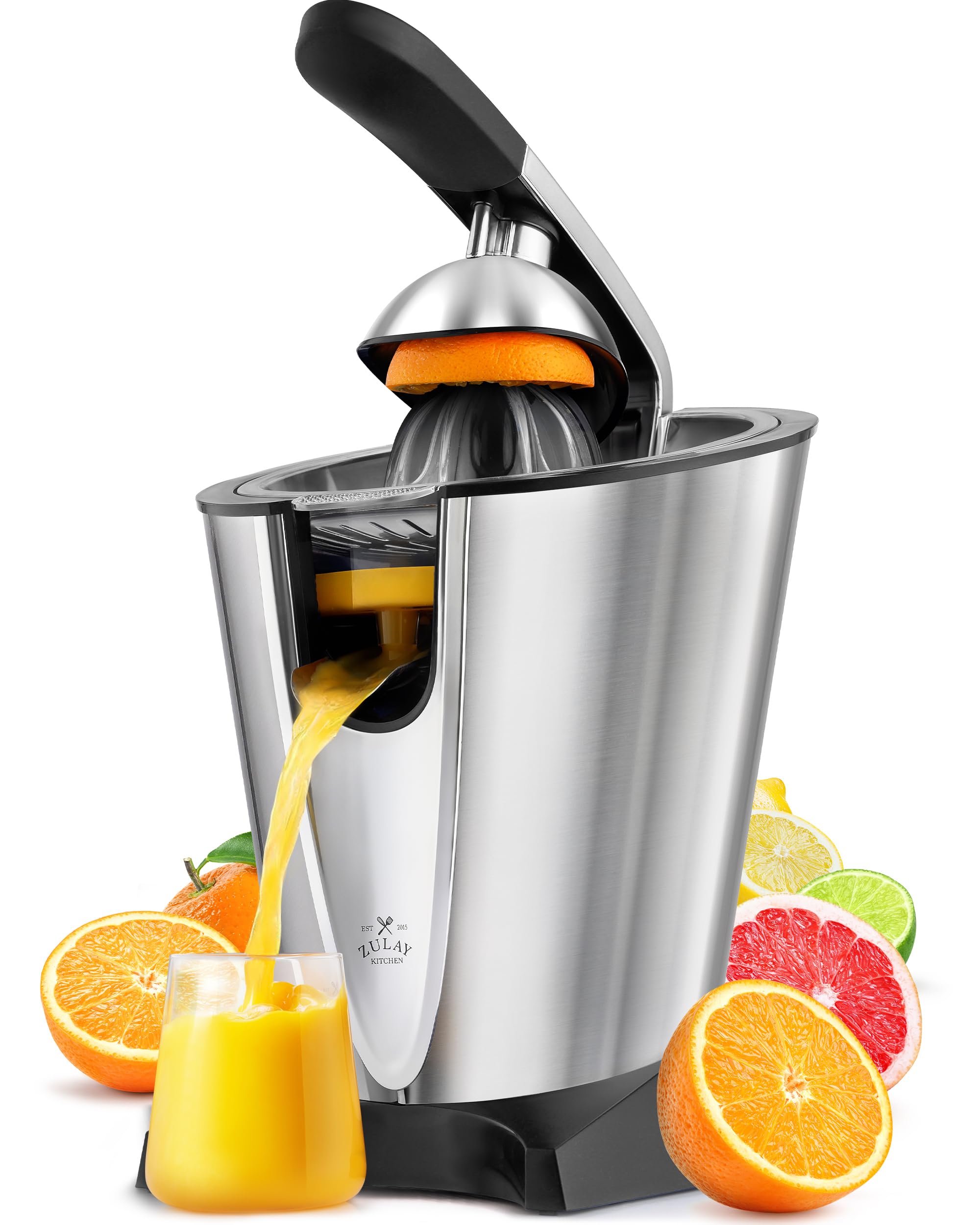 Zulay Premium Electric Citrus Juicer - 160W Powerful & Quiet Stainless Steel Orange/Lemon/Grapefruit/Lime Juice Extractor with Interchangeable Cones & Pulp Filter - Dishwasher Safe - Perfect for Breakfast, Cocktails & Healthy Juicing at Home