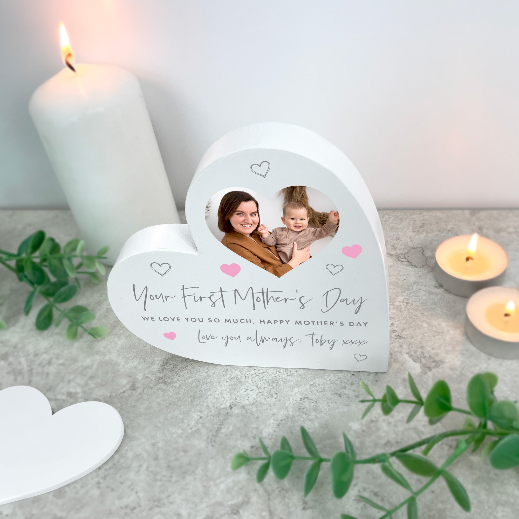 Personalized First Mother's Day White Freestanding Heart Keepsake - Perfect Gift for New Moms, Baby Showers & Nursery Decor