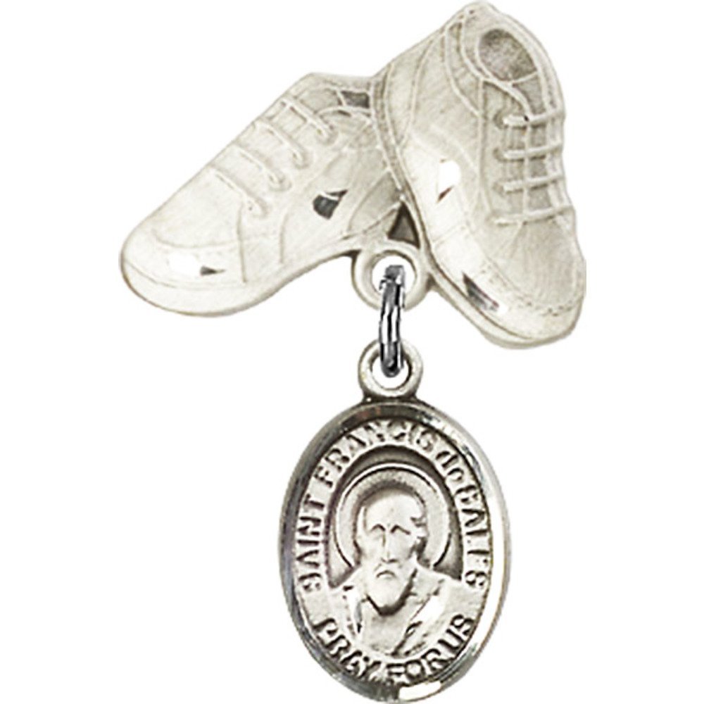 St. Francis de Sales Sterling Silver Baby Badge Charm with Baby Boots Pin - 1 X 5/8 Inch - Perfect for Christening Gifts, Baby Showers & Baptism Keepsakes