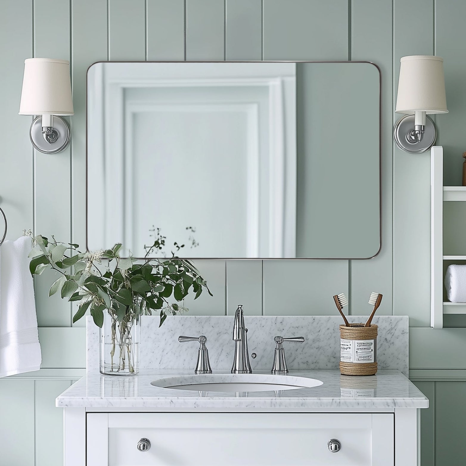 Modern Rounded Rectangle Bathroom Mirror with Stainless Steel Frame - Perfect for Vanity, Wall Decor & Home Decoration