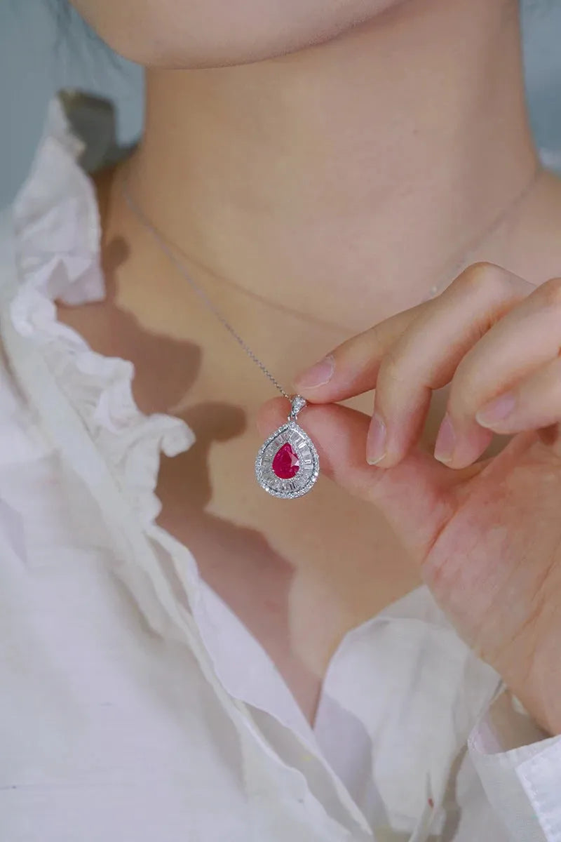 18K White Gold Diamond & Natural Ruby Pendant Necklace for Women - Classic Water Drop Design Luxury Wedding Jewelry - Perfect for Bridal, Anniversary Gifts & Special Occasions