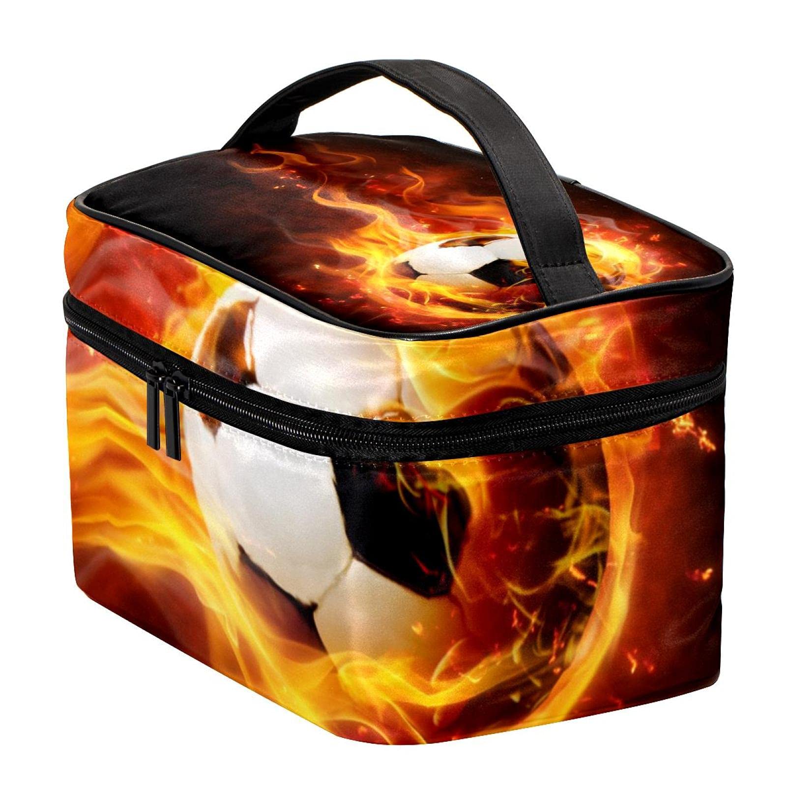 Flame Soccer Ball Design Large Cosmetic Makeup Bag - Travel Toiletry Organizer with Zipper for Women & Girls - Perfect for Sports, Gym, and Vacation Trips