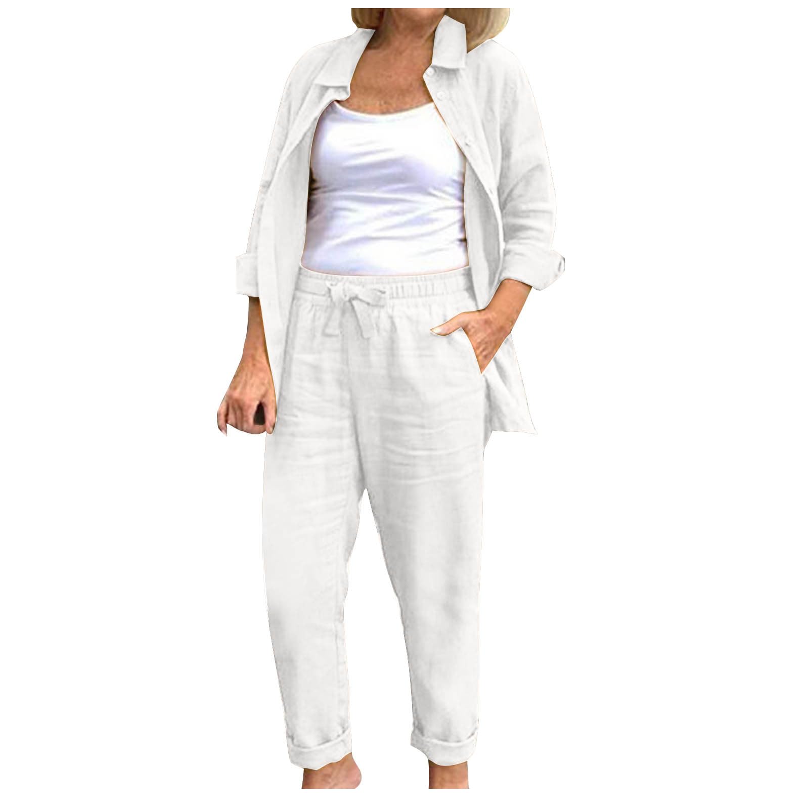 YMADREIG Women's 2-Piece Linen Outfit - Long Sleeve Button Down Shirt & Baggy Pants Set | Summer Casual Lounge Wear for Beach, Travel & Relaxation