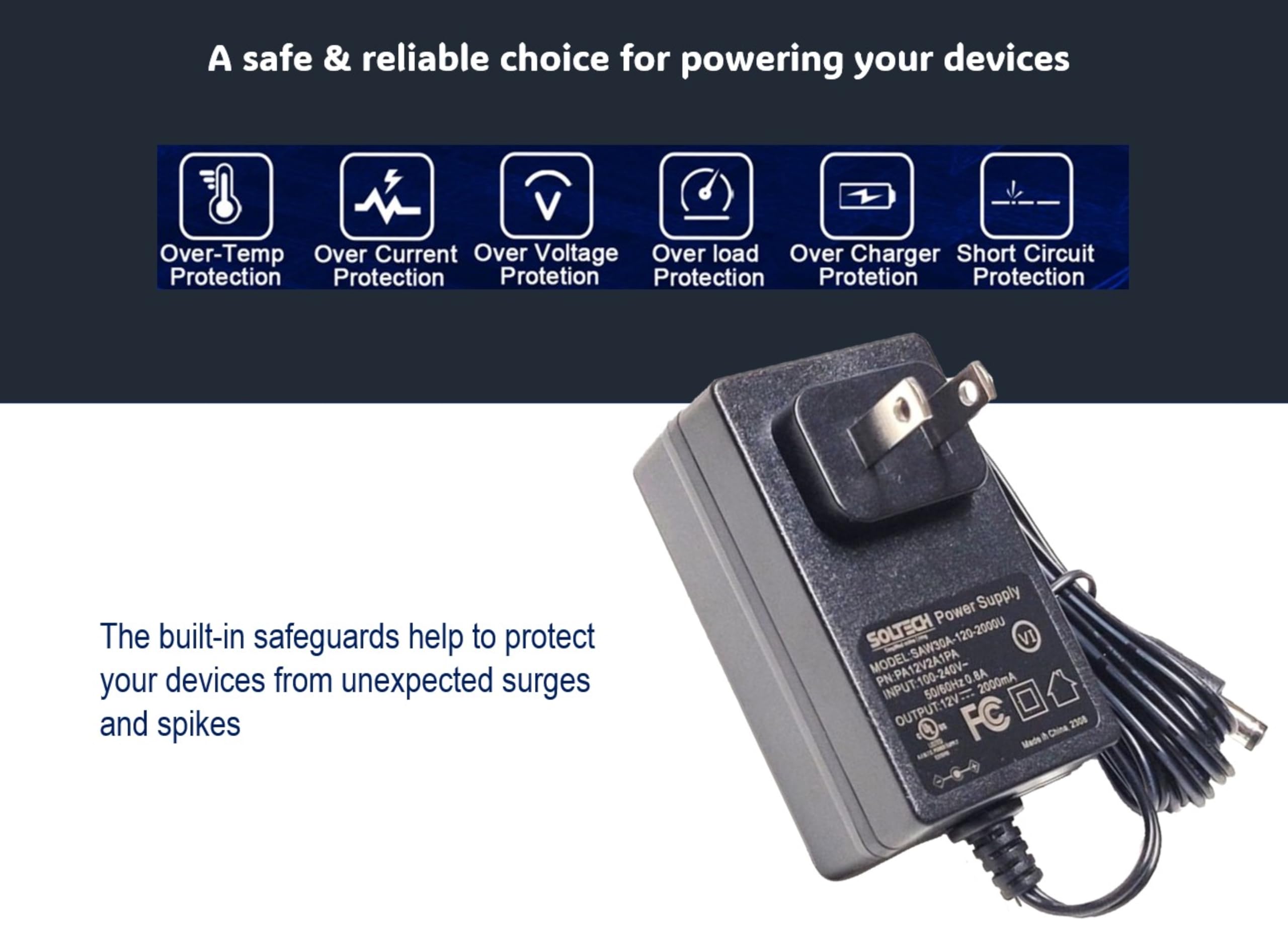 12V 2A AC/DC Power Adapter with 5.5x2.1mm & 2.5mm Tips - 100-240V 50/60Hz Input to 12V 2000mA DC Output - UL Listed Power Supply for CCTV Cameras, DVR, NVR, LED Strip Lights - Perfect for Home Security & DIY Lighting Projects