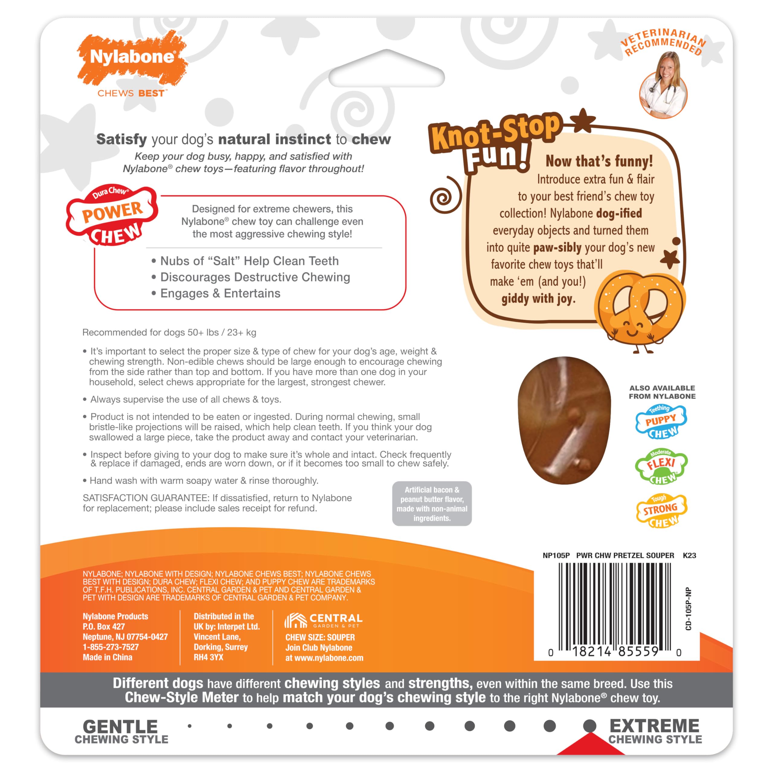 Nylabone Pretzel Power Chew Toy for Large Dogs 50+ lbs - Durable Bacon & Peanut Butter Flavored Dog Bone for Aggressive Chewers - Perfect for Teething, Boredom Relief, and Dental Health (1 Count)