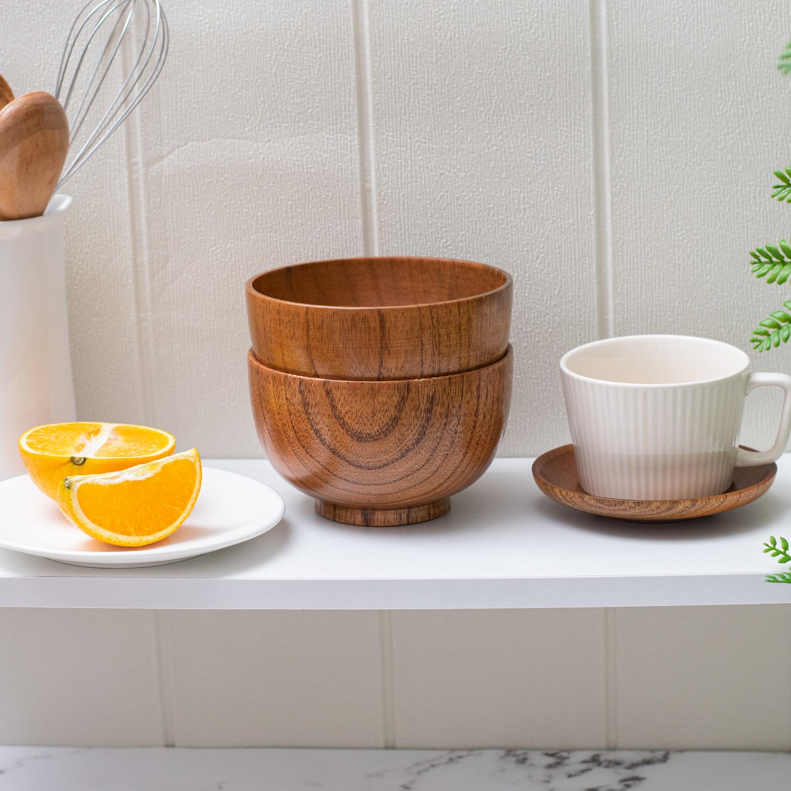 Handmade Wooden Bowls Set - 2PCS Natural Jujube Wood Serving Bowls for Rice, Soup, Dip, Coffee & Tea (5.1