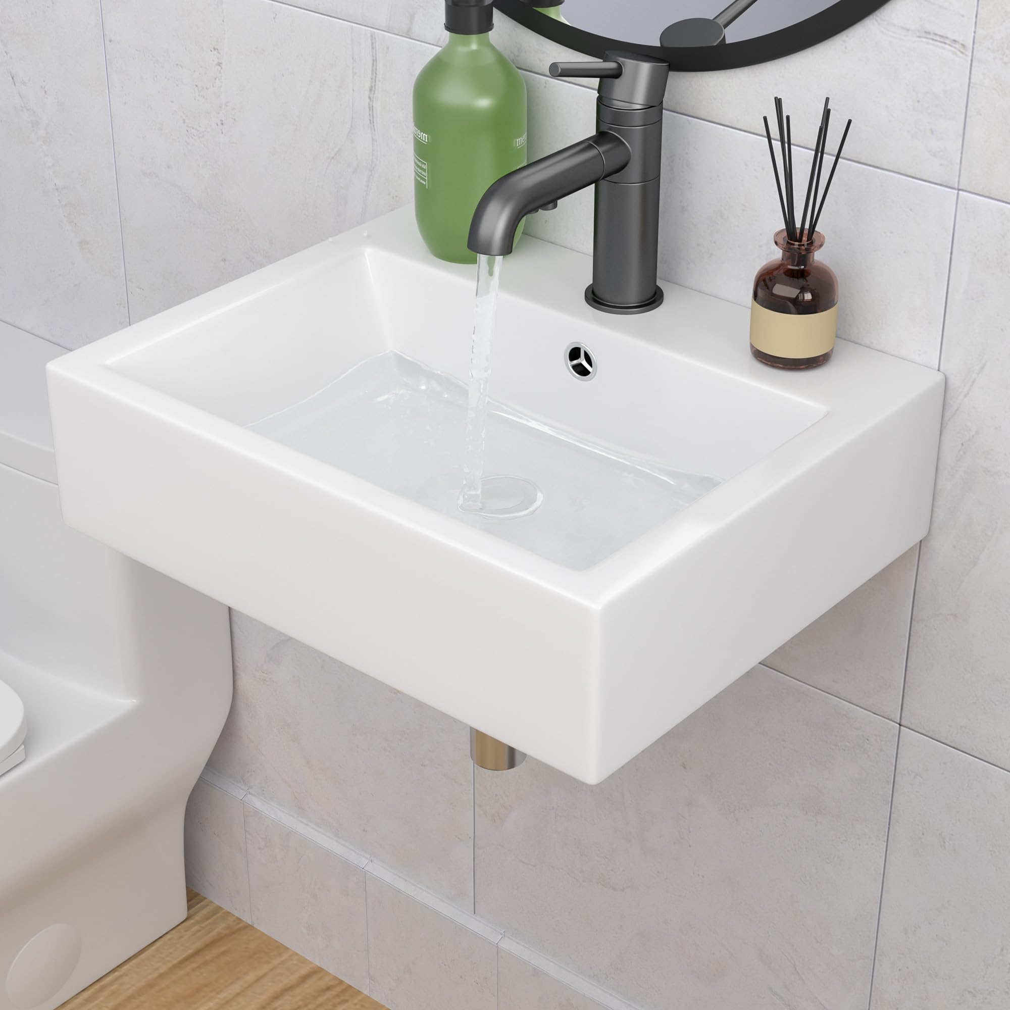 Lepuday 22x18 Inch White Ceramic Wall Mount Sink - Floating Vessel Bathroom Sink, Rectangle Wall Hung Basin for Modern & Space-Saving Bathroom Design