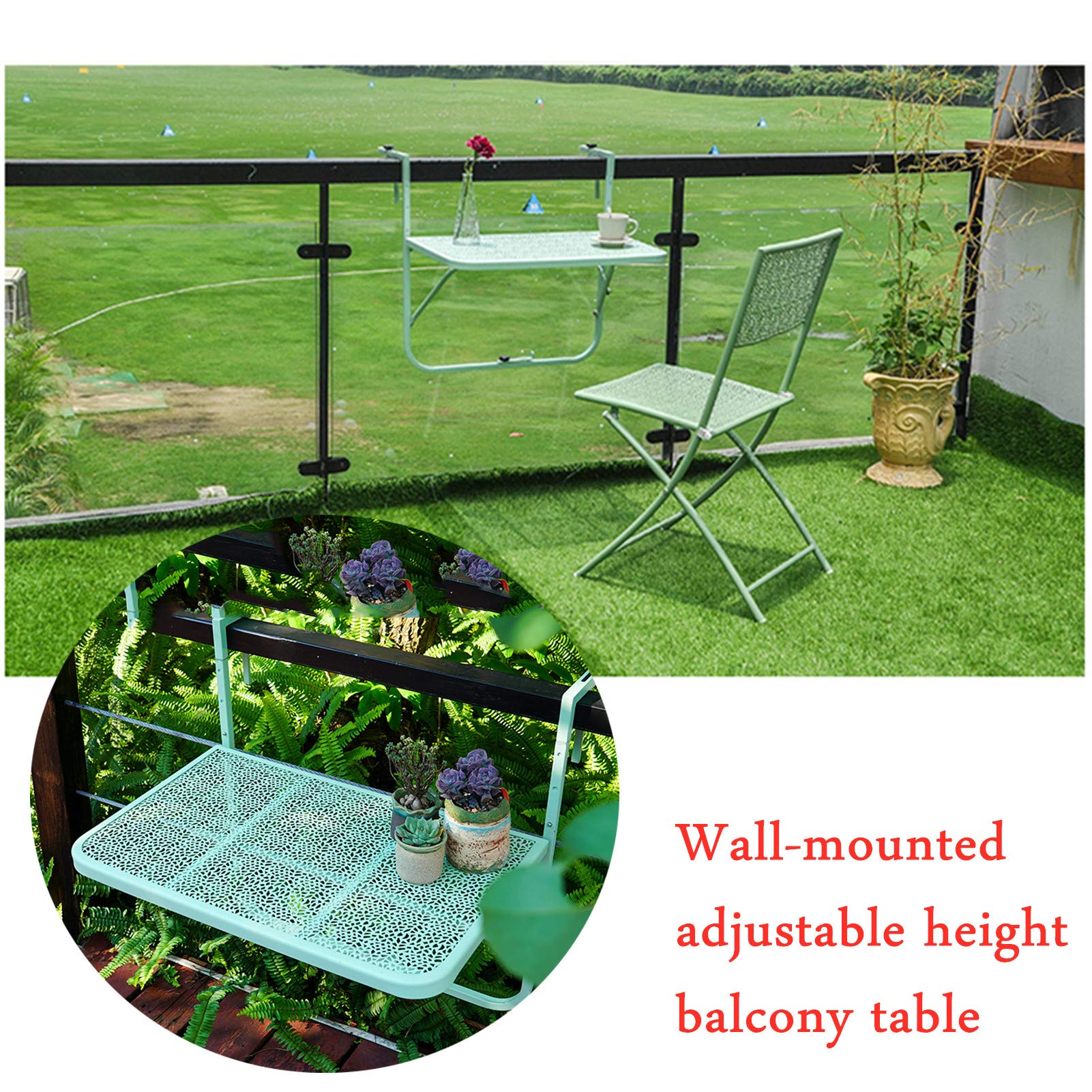 **Hanging Balcony Dining Table - Adjustable Folding Metal Patio Railing Side Table for Outdoor Garden, Balcony & Small Spaces - 60x40cm, 3-Tier Floating Coffee Table Stand - Perfect for Dining, Relaxing & Plant Display (Green)**