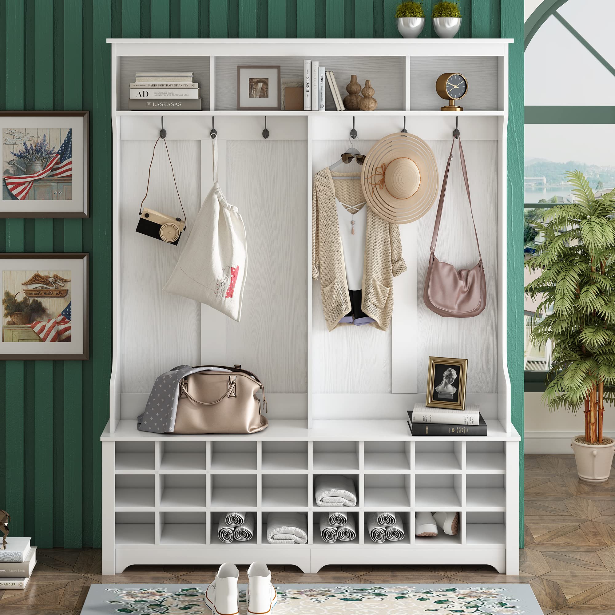 **24-Cube Hall Tree with Shoe Storage & 6 Hooks - Large Entryway Bench with 3 Shelves for Coats, Shoes & Organizing - Perfect for Foyers, Mudrooms & Small Spaces (White)**