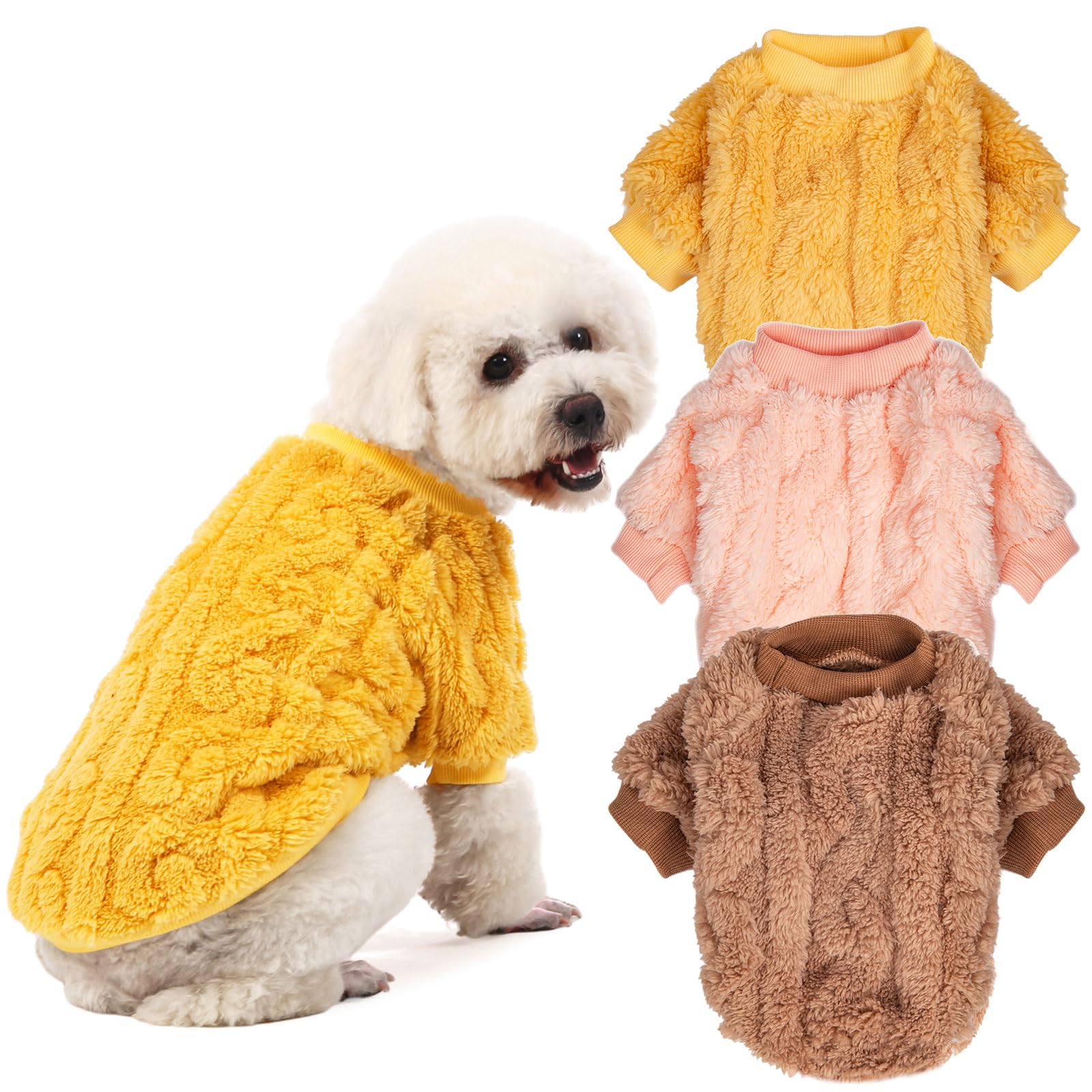 3 Pack Dog Sweaters for Small Dogs & Cats - Warm Winter Pet Clothes for Christmas - XX-Small Size in Coffee, Peach & Yellow - Cozy Outfits for Indoor/Outdoor Activities & Holiday Photos