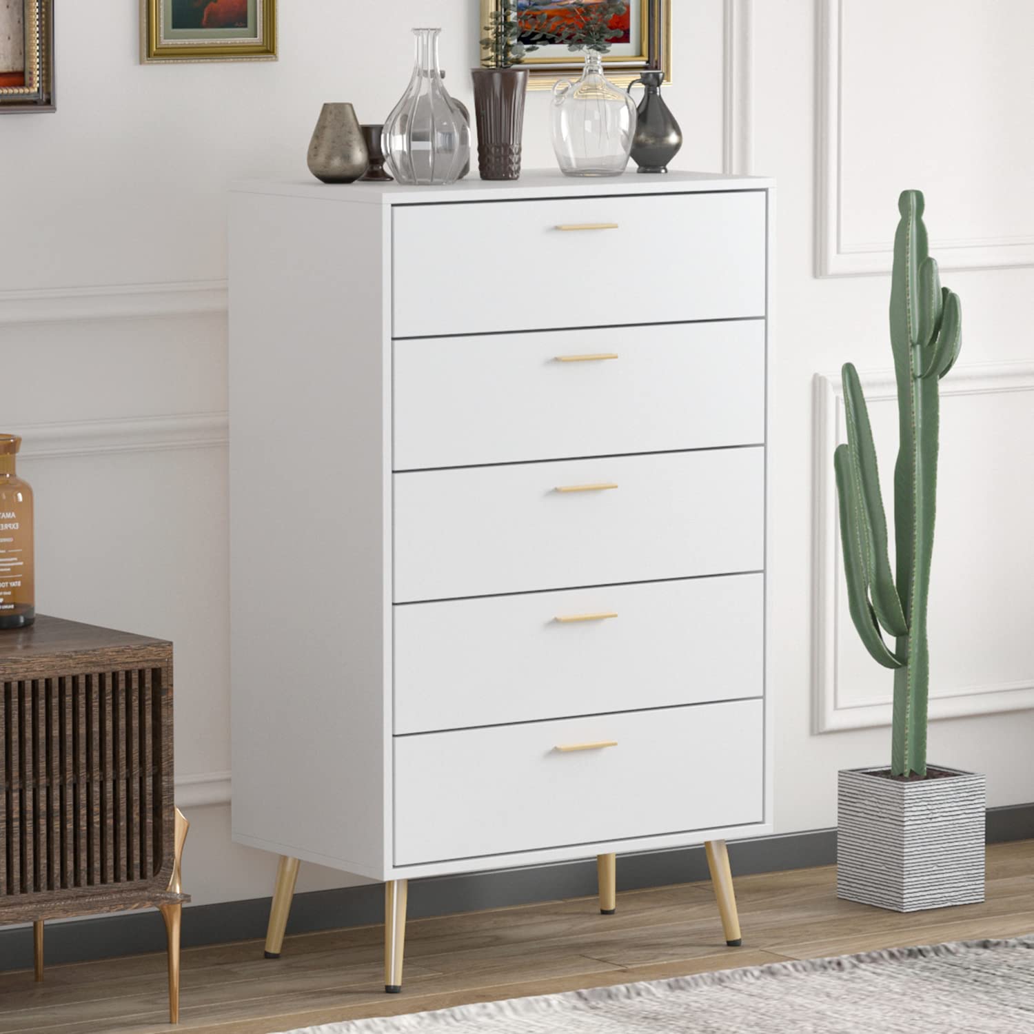 Modern White Dresser with 5 Drawers - Wooden Storage Chest with Gold Metal Legs for Bedroom & Living Room (27.4”L x 15.6”W x 44.9”H) - Perfect for Organizing Clothes, Bedding & Home Decor Accessories