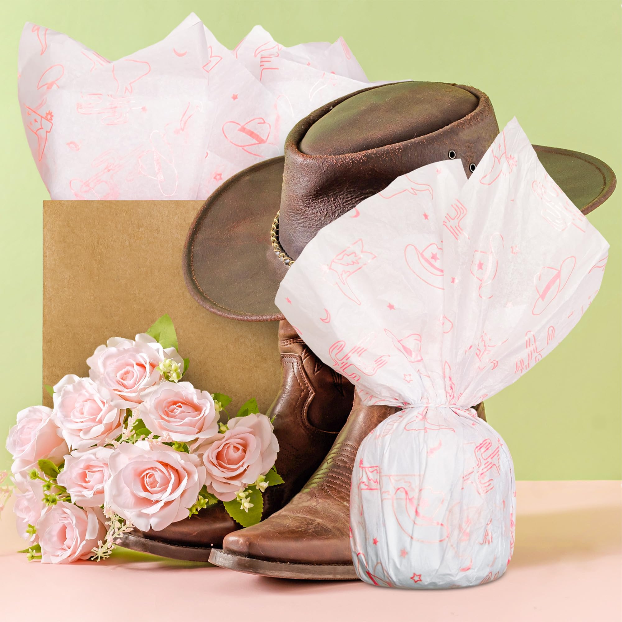 60 Sheets Pink Western Cowgirl Tissue Paper Bulk - 14 x 20 Inch Cowboy Hat & Boots Design for Gift Wrapping, Birthday Party Decorations (Salmon Pink) | Perfect for Western Theme Parties, Baby Showers & Cowboy-Themed Events