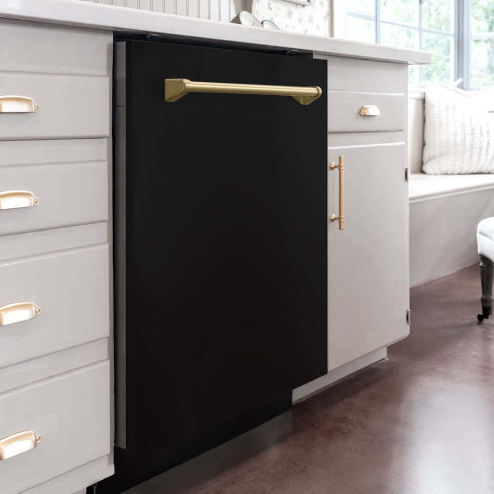 ZLINE Autograph Edition 24 Inch Black Matte Dishwasher with Champagne Bronze Handle - Ultra Quiet 45dBa, 3rd Rack & Top Touch Control - Perfect for Modern Kitchens, Open Concept Homes & Luxury Apartments