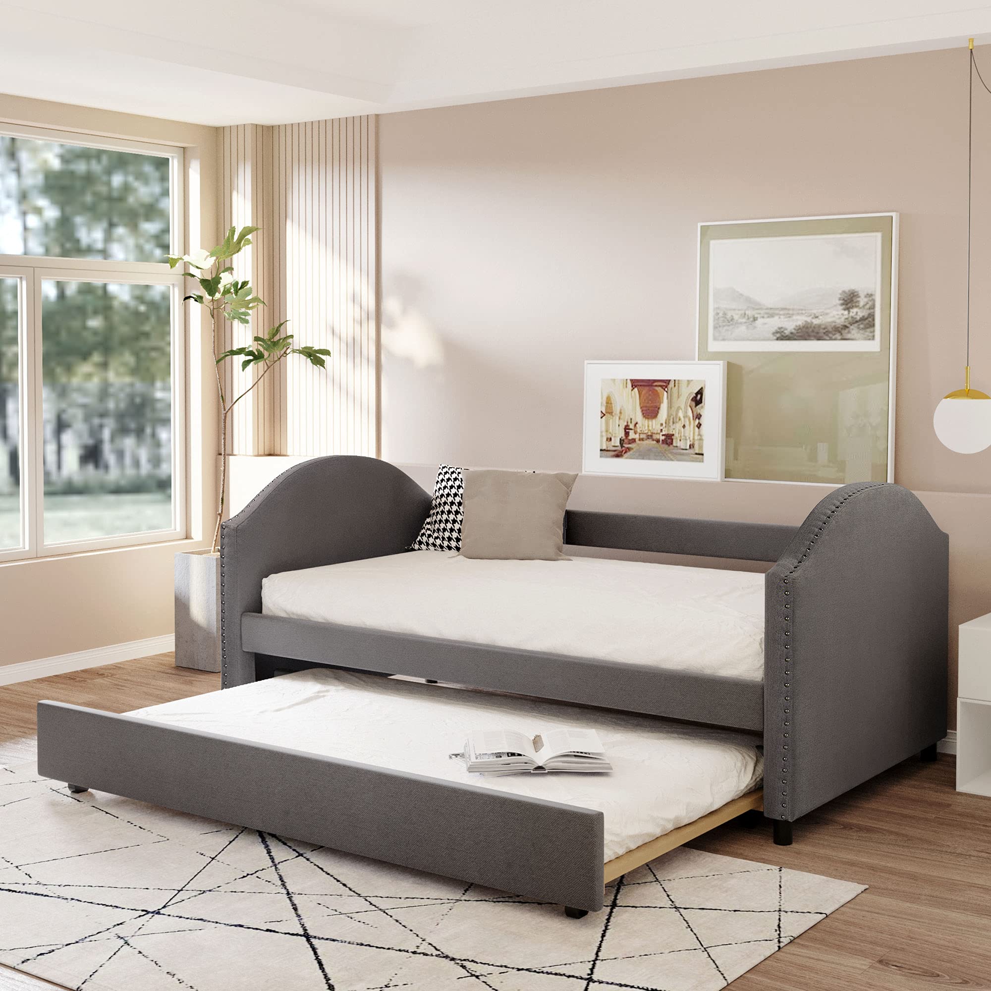 Full Size Upholstered Sofa Bed with Wood Frame & Trundle - 10-Slat Support System in Gray | Perfect for Guest Rooms, Small Apartments & Multi-Functional Living Spaces