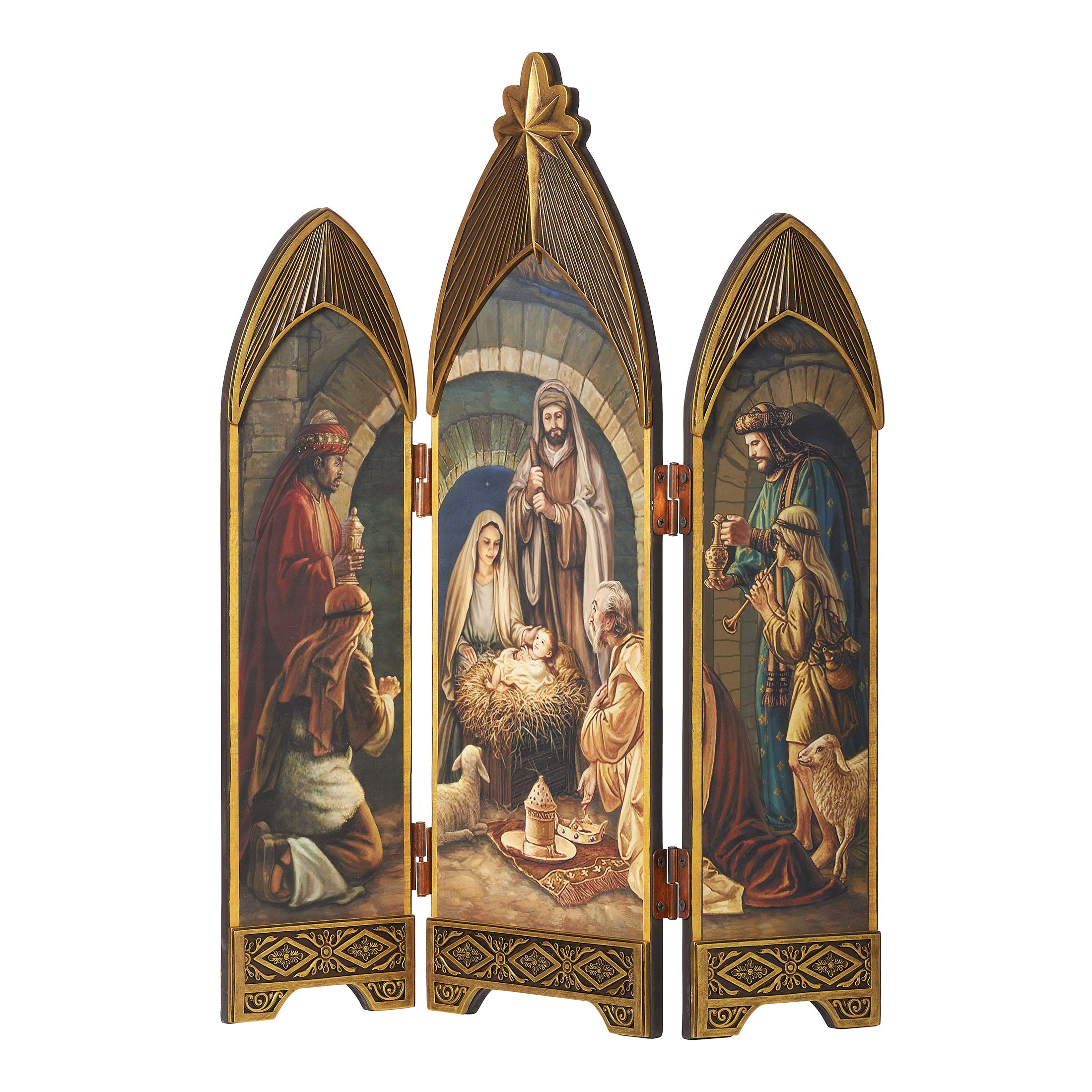 Joseph's Studio by Roman - Faux Oil Paint Nativity Triptych, Holy Family with Shepherds and Three Kings, Tri-Fold Religious Art with Gold Relief Applique Trim, 28