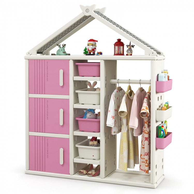 Pink Kids Costume Storage Closet with Bins, Shelves & Side Baskets - Organize Toys, Clothes & Accessories in Bedroom or Playroom