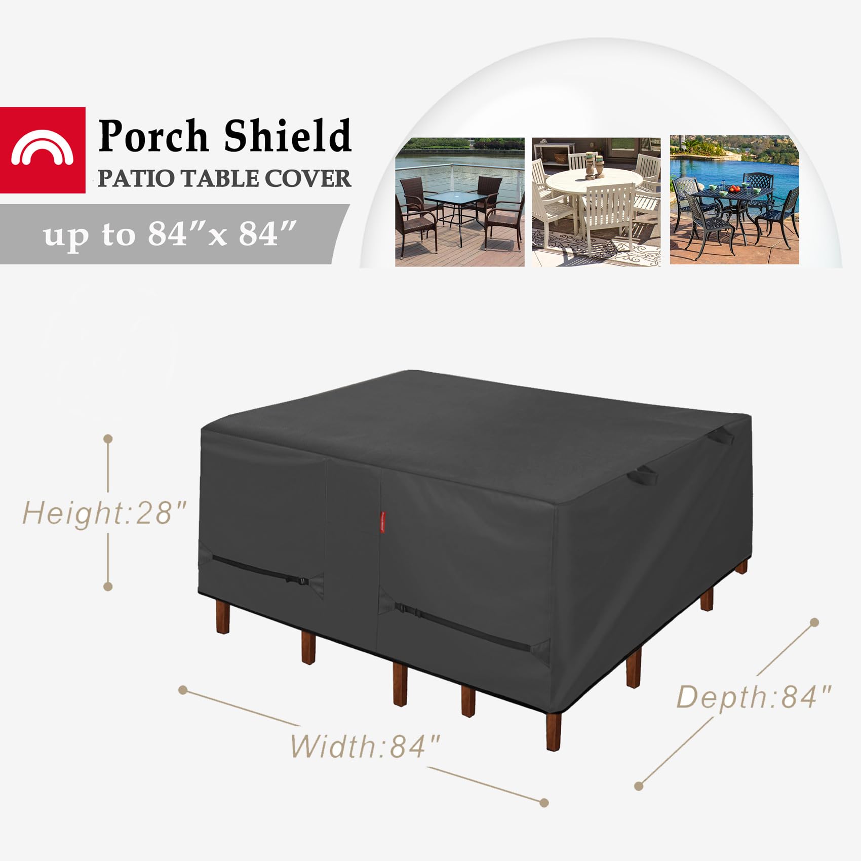 Waterproof 84 x 84 Inch Black Porch Shield Patio Table Cover - Heavy Duty Outdoor Dining Table and Chairs Furniture Protector for Rain, Snow, UV Protection - Perfect for Square Tables, Decks, Backyards, and Outdoor Entertaining