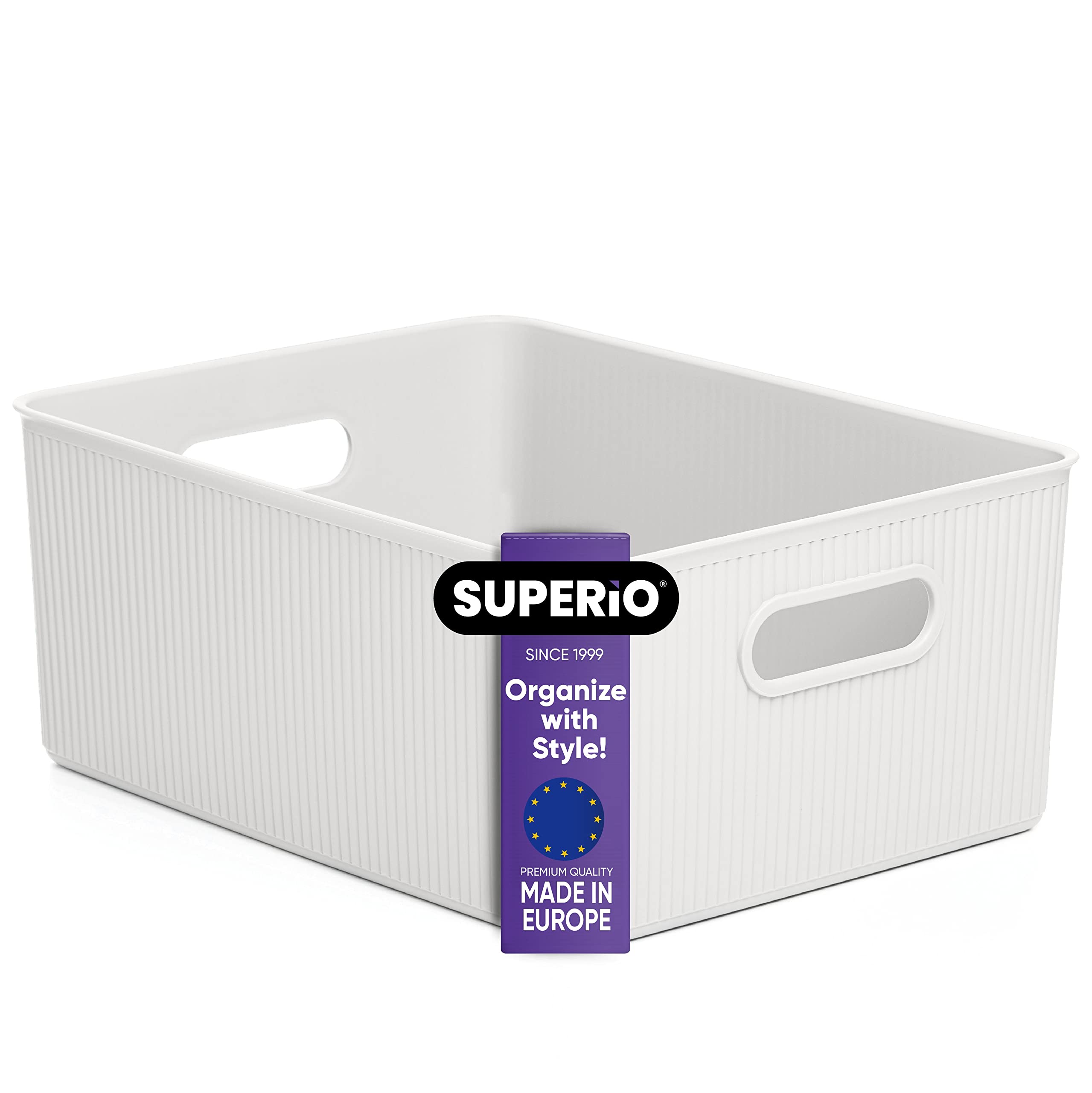 Superio Ribbed Collection - Decorative Plastic Storage Bins & Organizer Baskets, Large White (1 Pack) - 15 Liter/16 Quart Open Home Storage Containers for Closet, Shelf, Drawer & Pantry Organization - Perfect for Bedroom, Bathroom & Office Storage Solutions