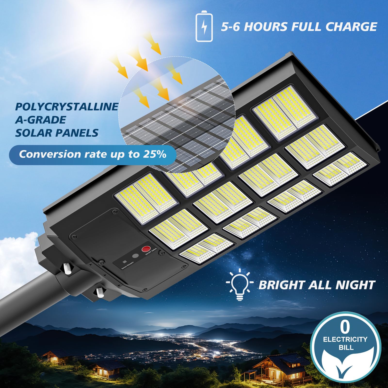 3000W Solar Street Lights Outdoor - 6500K Bright White Wide Angle Solar Powered Motion Sensor Lights, IP66 Waterproof Dusk to Dawn Flood Lights for Commercial Parking Lots, Yards, Pathways (2 Pack) - Ideal for Security Lighting, Garden Illumination and Driveway Lighting