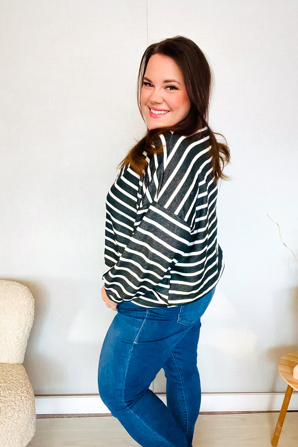 Stylish Charcoal Striped Terry Banded Dolman Pullover Sweater for Women - Cozy & Fashionable Loungewear for Casual Outings and Relaxing at Home