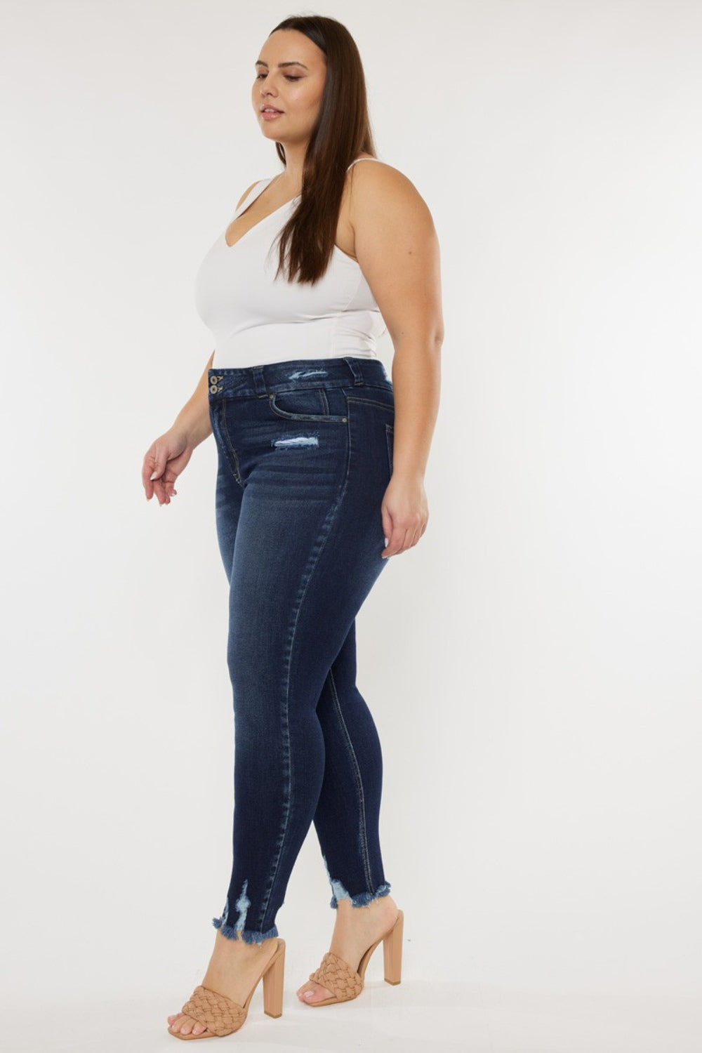Kancan Women's High Waist Raw Hem Jeans - Full Size Stretch Denim Pants with Cat's Whiskers Design | Perfect for Casual Wear, Date Night & Everyday Outfits