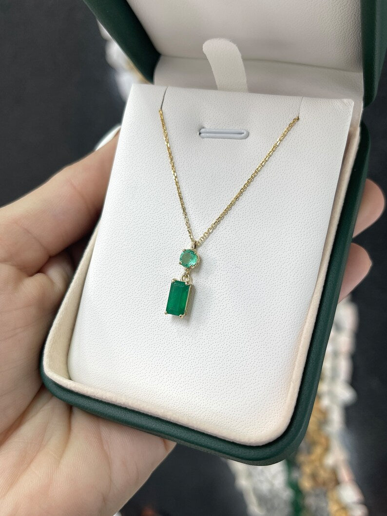 2.14tcw 14K Gold Vertical Emerald Cut & Round Dangle 4 Prong Pendant Necklace for Women - Elegant Layering Jewelry Gift for Birthday, Anniversary & Valentine's Day